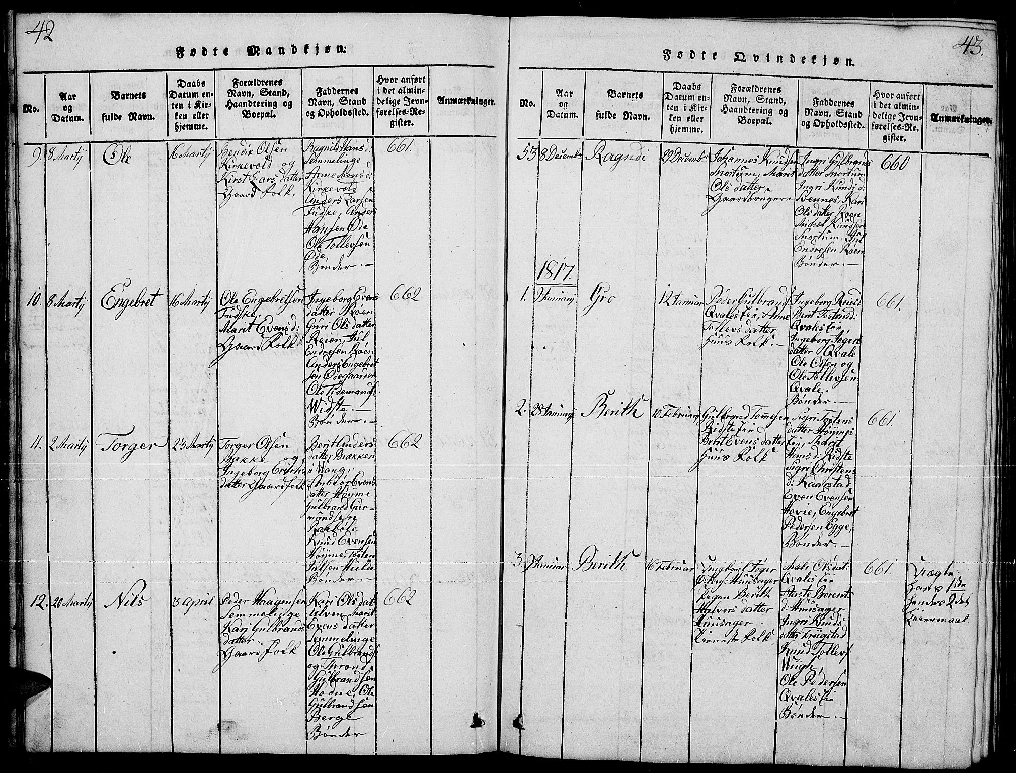 Slidre prestekontor, SAH/PREST-134/H/Ha/Hab/L0001: Parish register (copy) no. 1, 1814-1838, p. 42-43