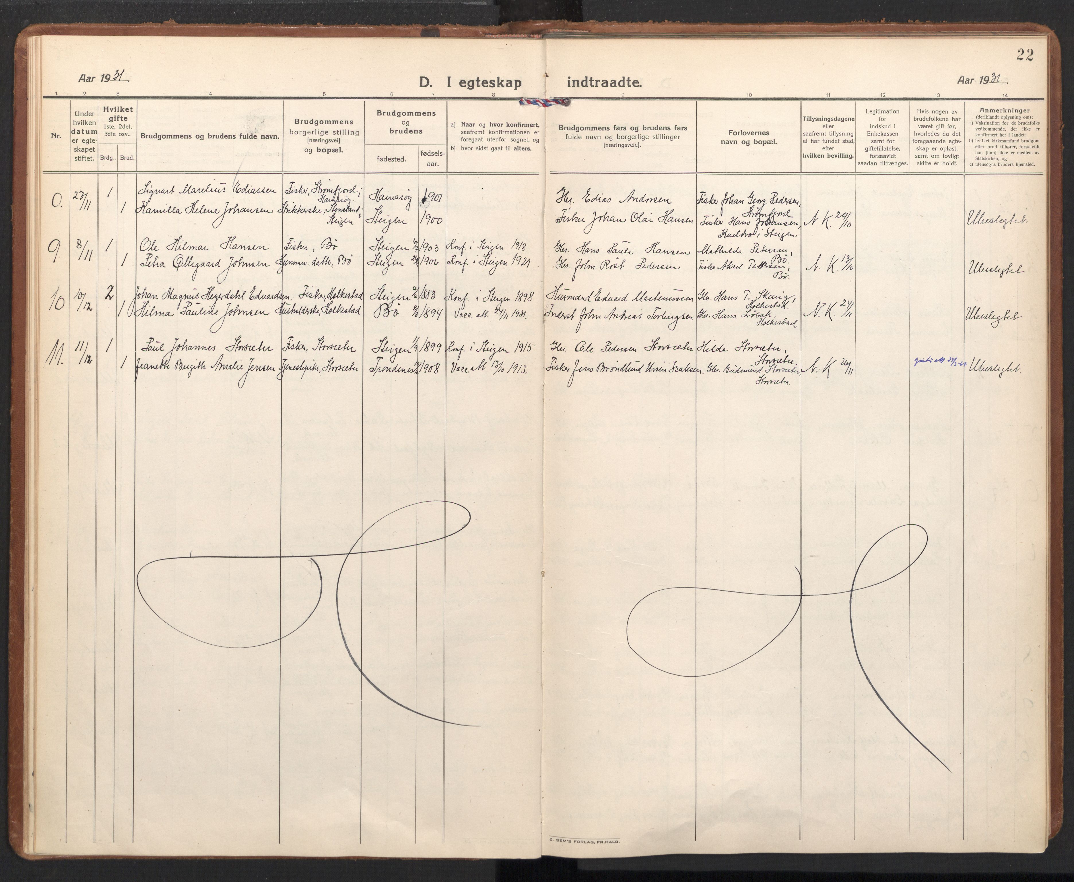 Ministerialprotokoller, klokkerbøker og fødselsregistre - Nordland, AV/SAT-A-1459/855/L0809: Parish register (official) no. 855A18, 1921-1939, p. 22