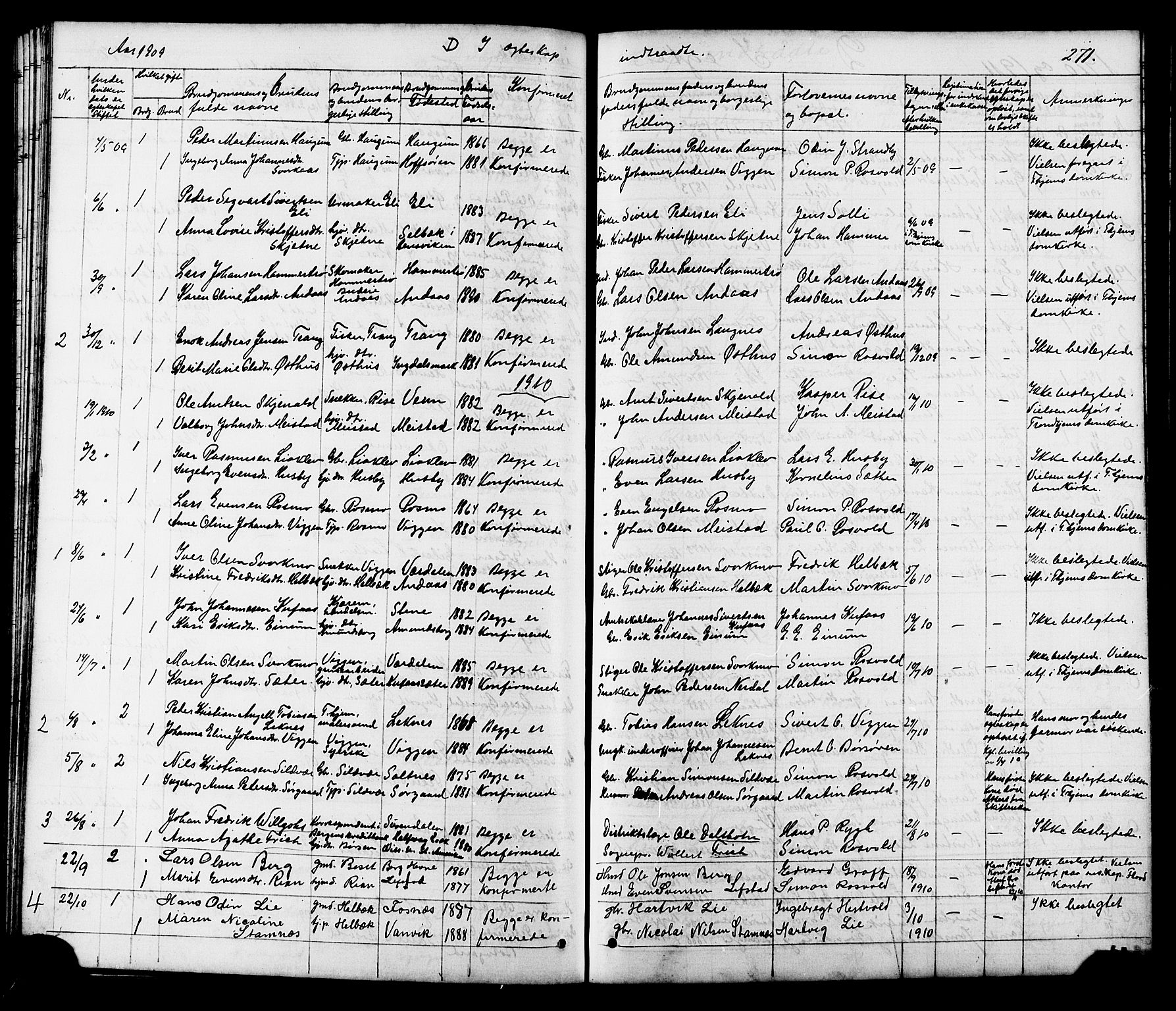 Ministerialprotokoller, klokkerbøker og fødselsregistre - Sør-Trøndelag, SAT/A-1456/665/L0777: Parish register (copy) no. 665C02, 1867-1915, p. 271