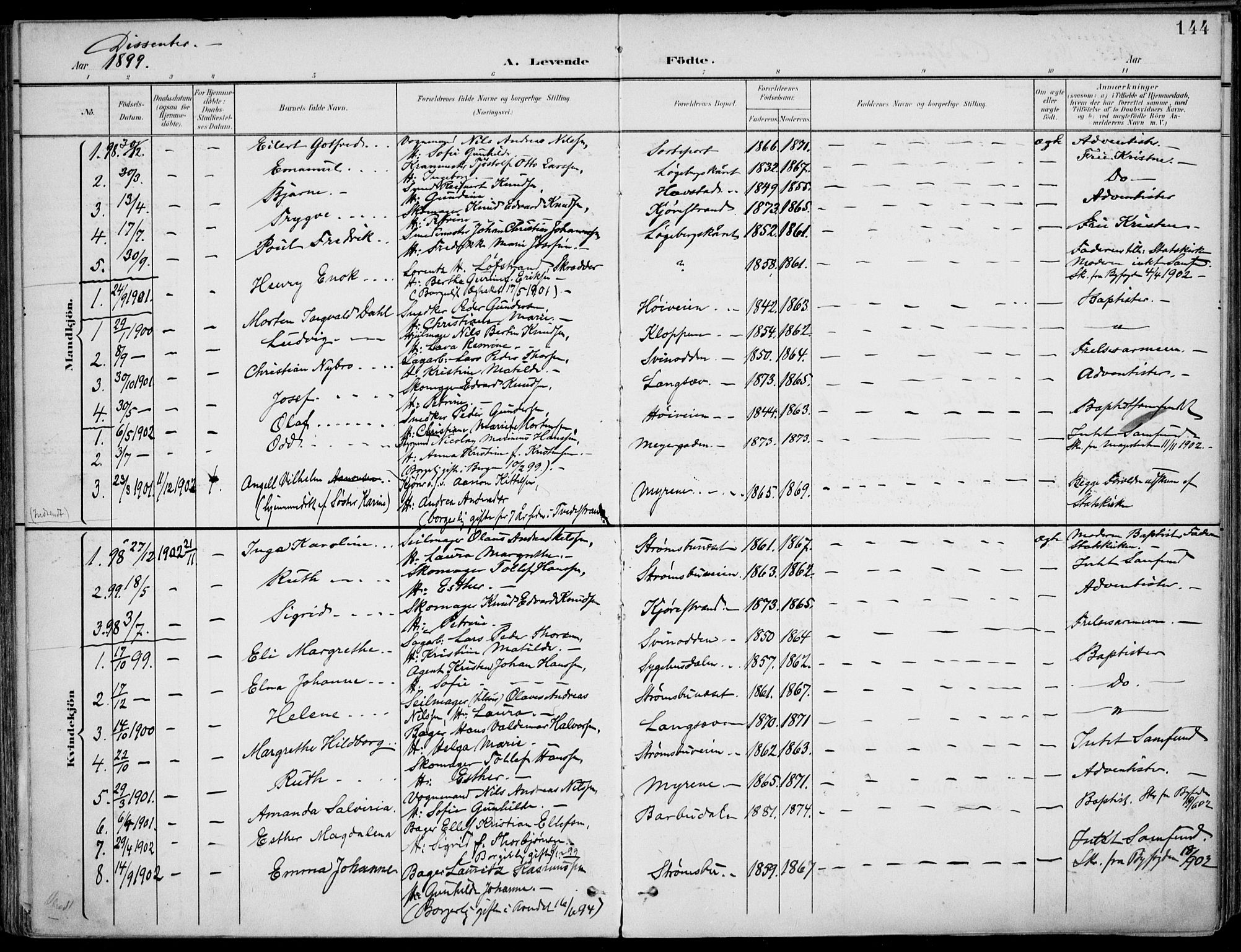 Barbu sokneprestkontor, AV/SAK-1111-0003/F/Fa/L0005: Parish register (official) no. A 5, 1899-1909, p. 144