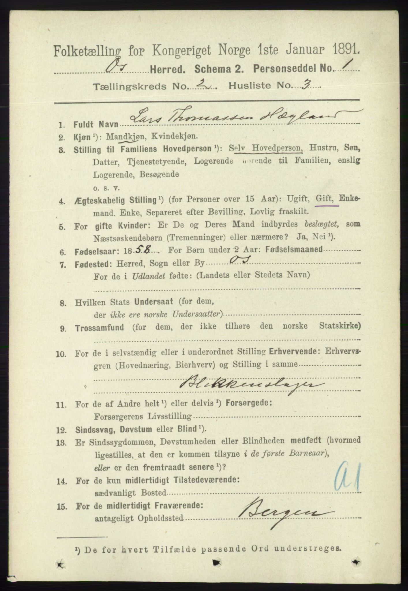 RA, 1891 census for 1243 Os, 1891, p. 436