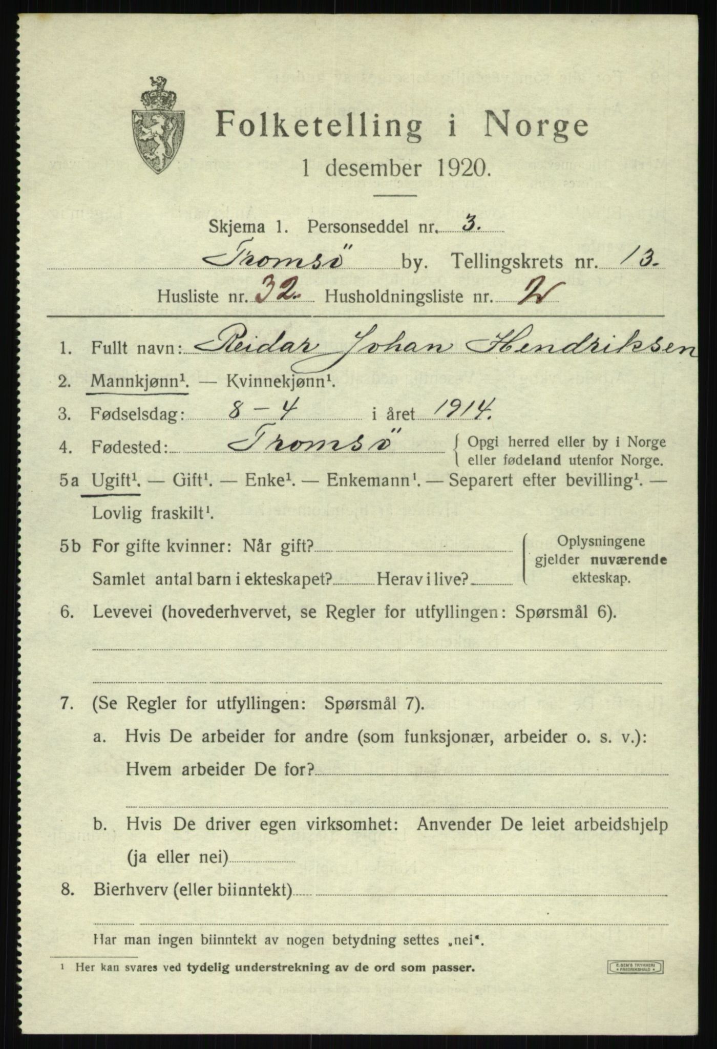 SATØ, 1920 census for Tromsø, 1920, p. 25607