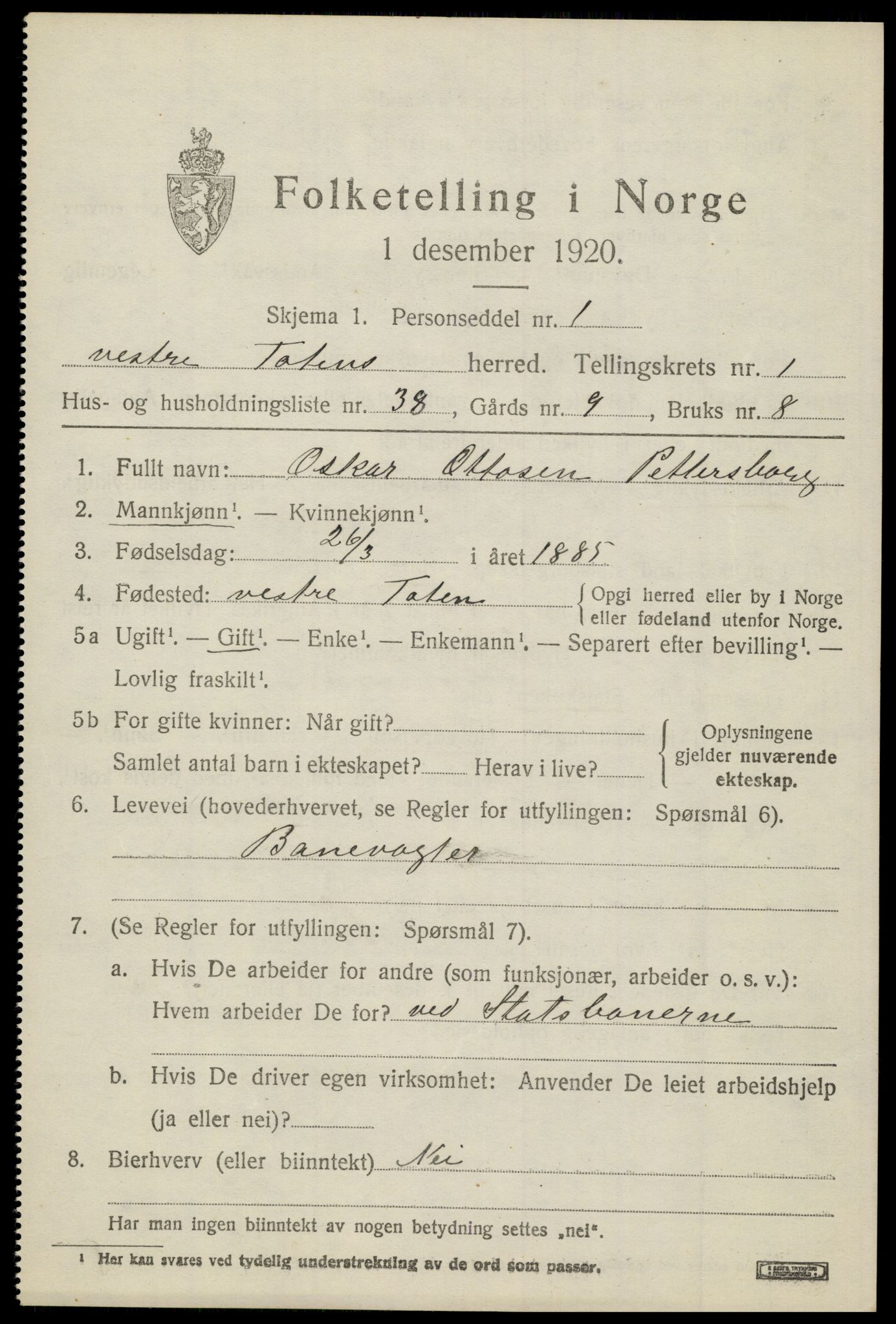 SAH, 1920 census for Vestre Toten, 1920, p. 2302