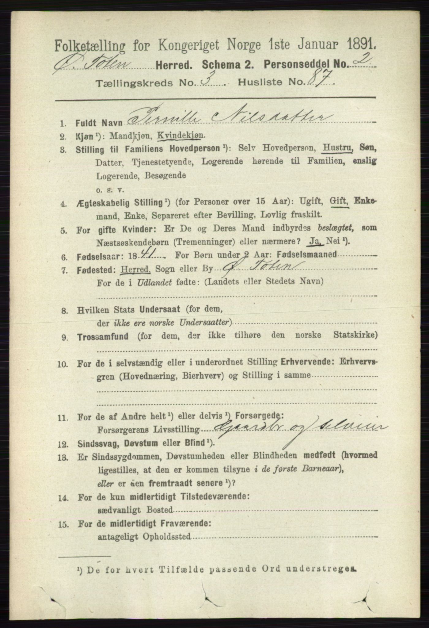 RA, 1891 census for 0528 Østre Toten, 1891, p. 2050