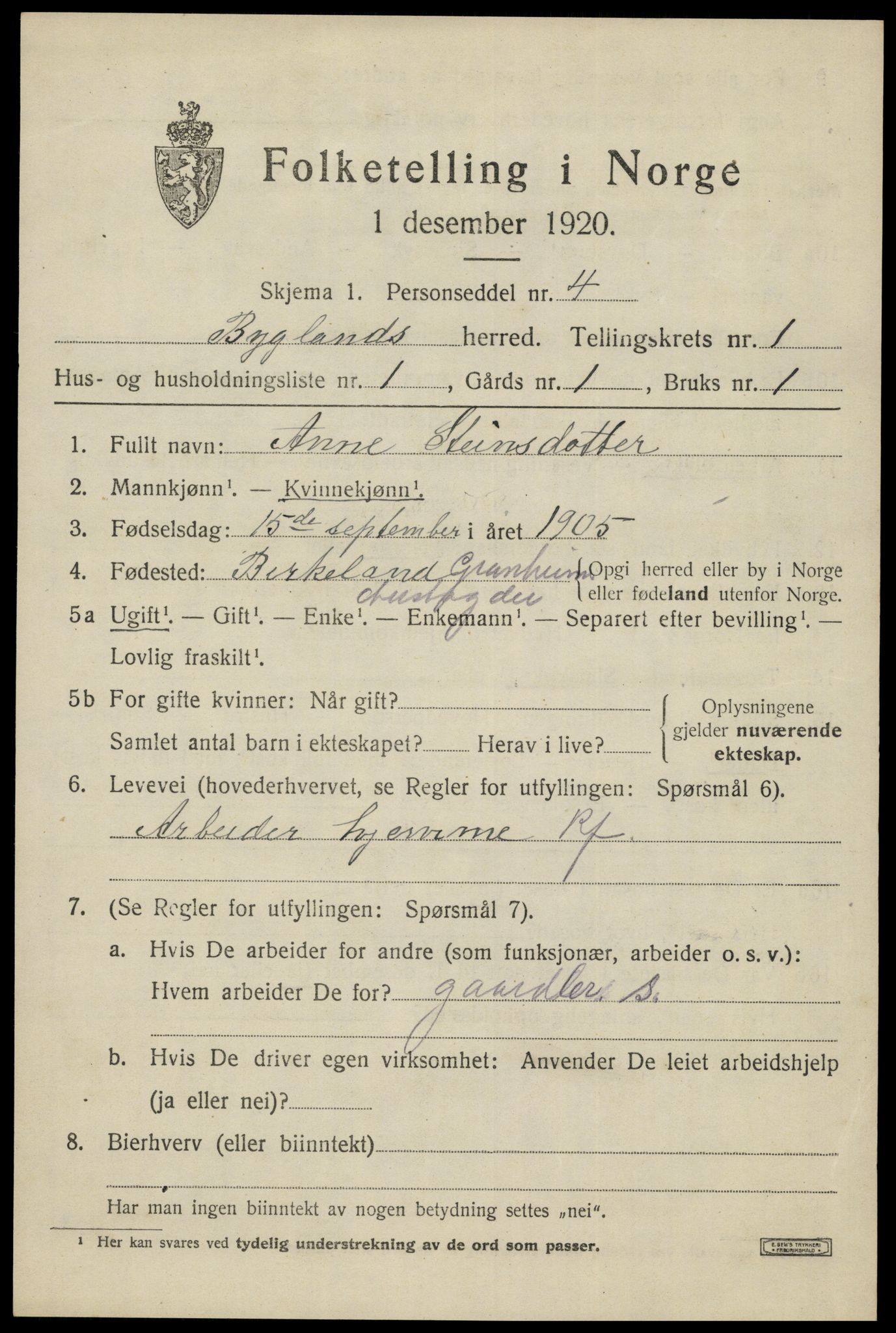 SAK, 1920 census for Bygland, 1920, p. 903