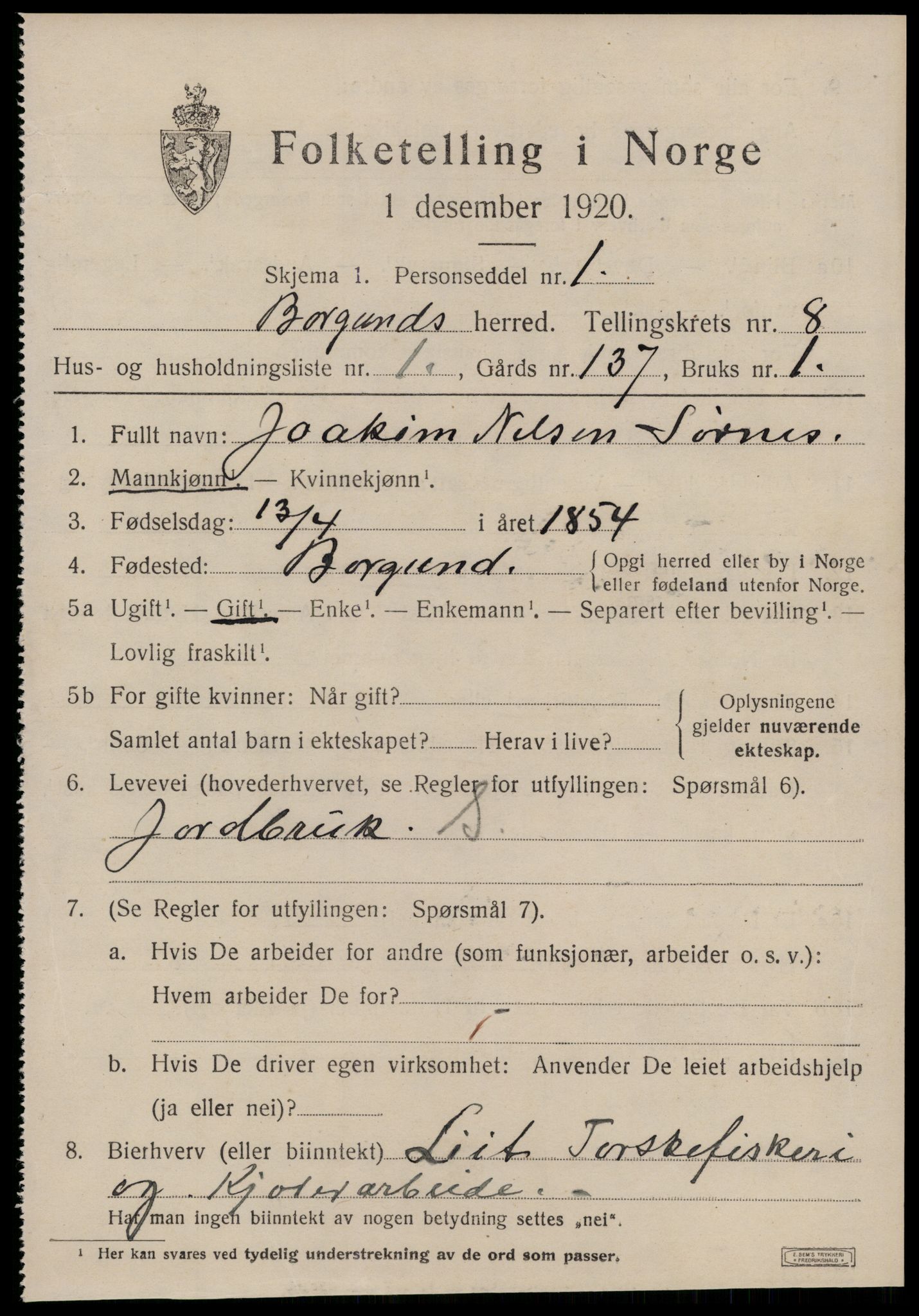 SAT, 1920 census for Borgund, 1920, p. 7044
