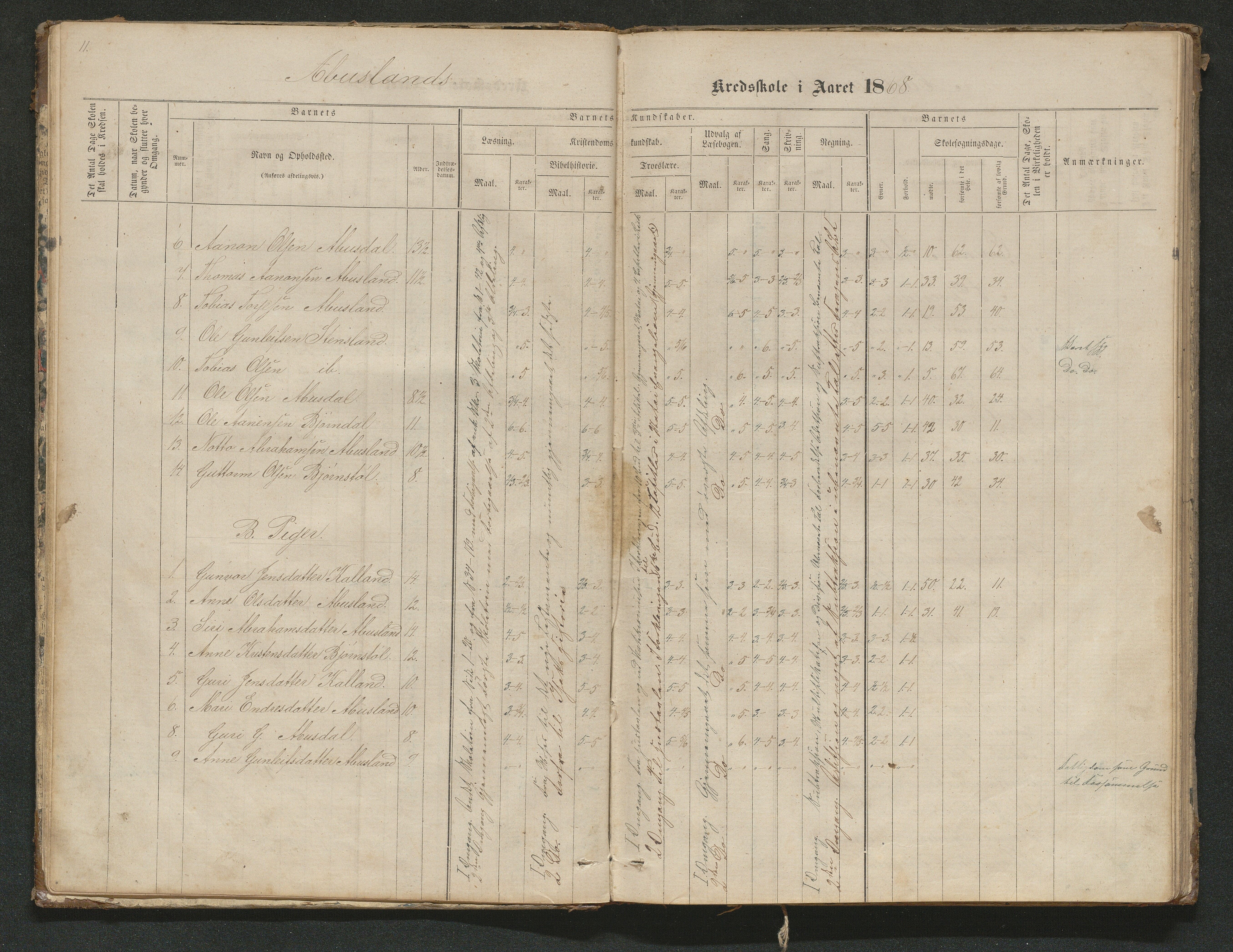 Hornnes kommune, Tønnesvold, Abusland skolekretser, AAKS/KA0936-550g/F1/L0001: Skoleprotokoll Abusland, Tønnesvold, 1864-1896, p. 11