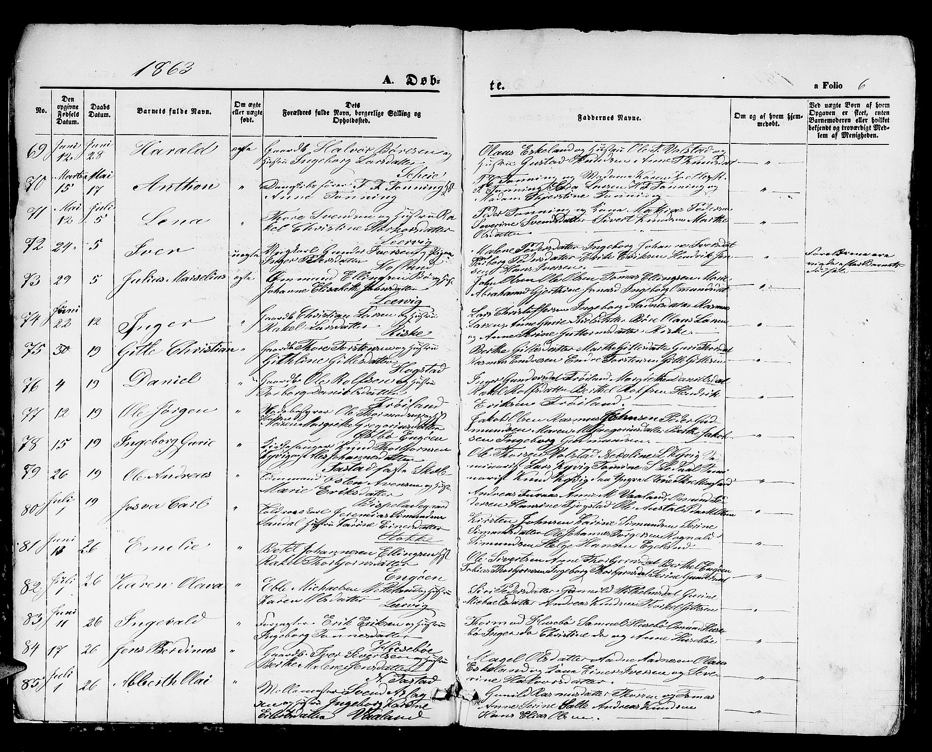 Hetland sokneprestkontor, AV/SAST-A-101826/30/30BB/L0003: Parish register (copy) no. B 3, 1863-1877, p. 6