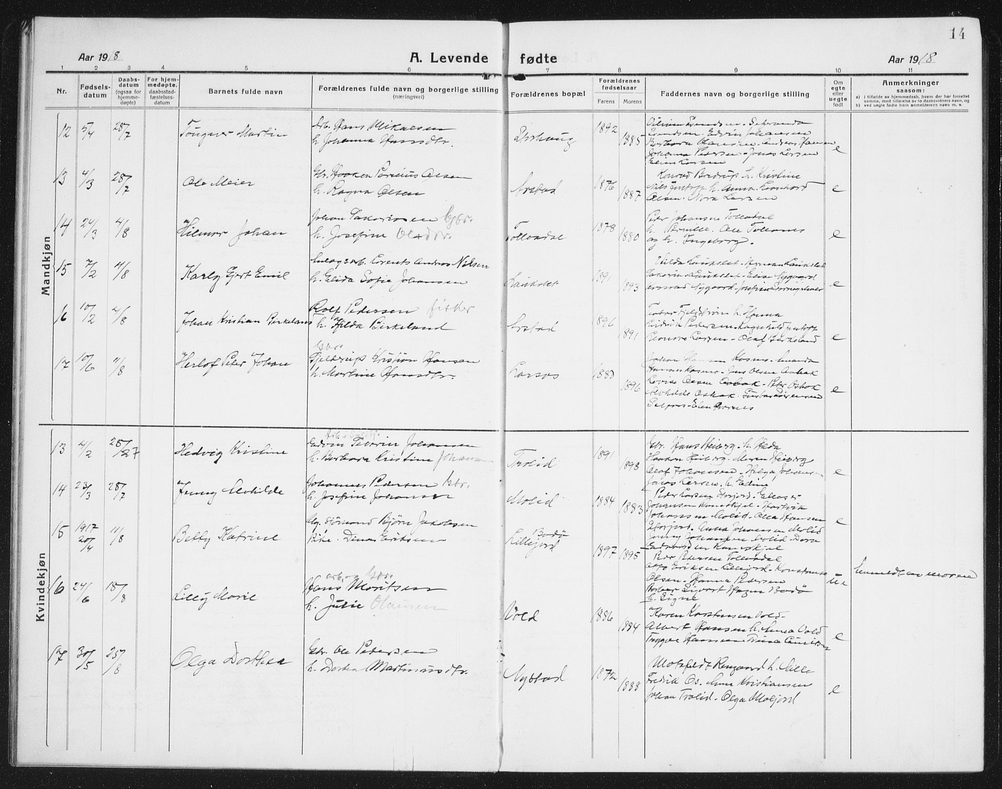 Ministerialprotokoller, klokkerbøker og fødselsregistre - Nordland, AV/SAT-A-1459/846/L0656: Parish register (copy) no. 846C06, 1917-1936, p. 14