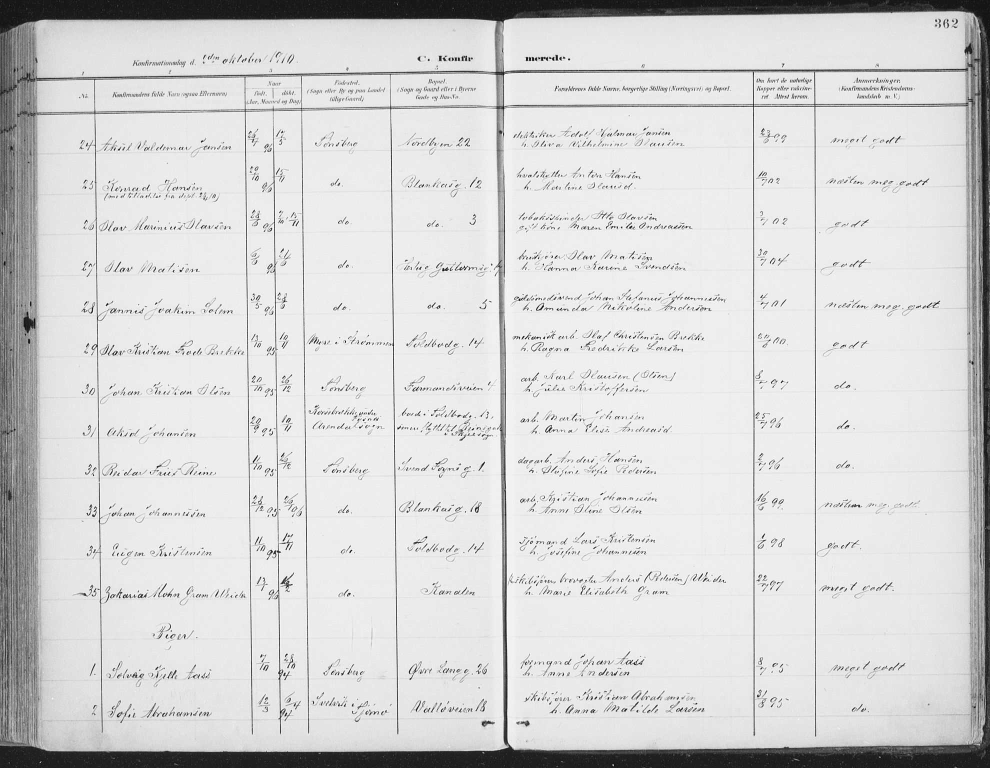 Tønsberg kirkebøker, AV/SAKO-A-330/F/Fa/L0014: Parish register (official) no. I 14, 1900-1913, p. 362