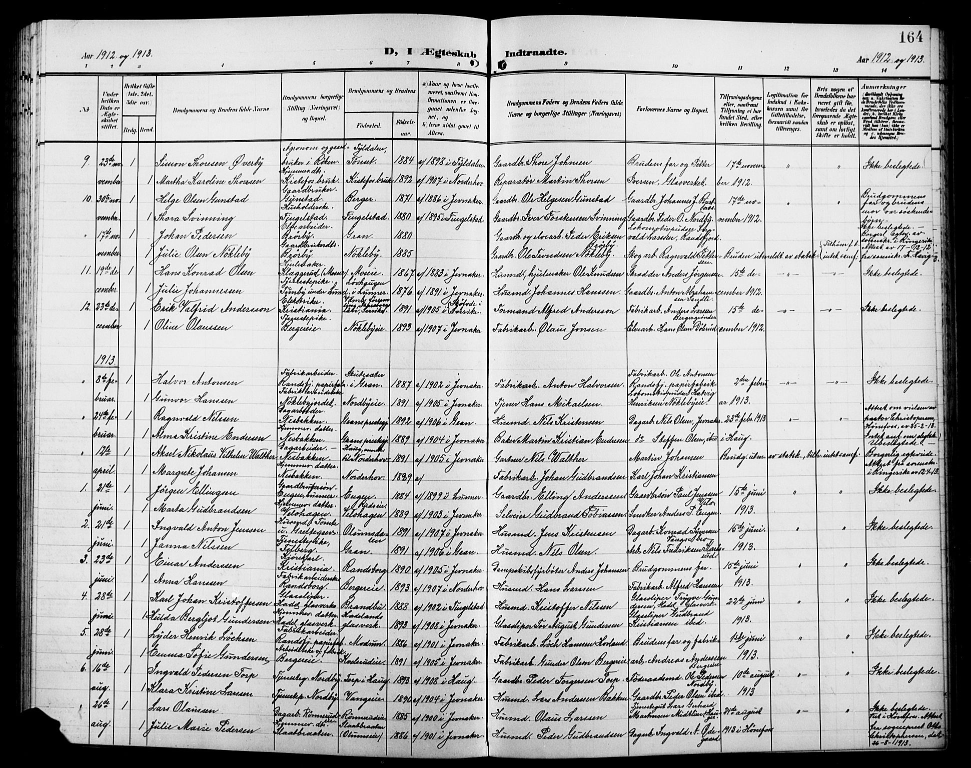 Jevnaker prestekontor, SAH/PREST-116/H/Ha/Hab/L0004: Parish register (copy) no. 4, 1907-1918, p. 164