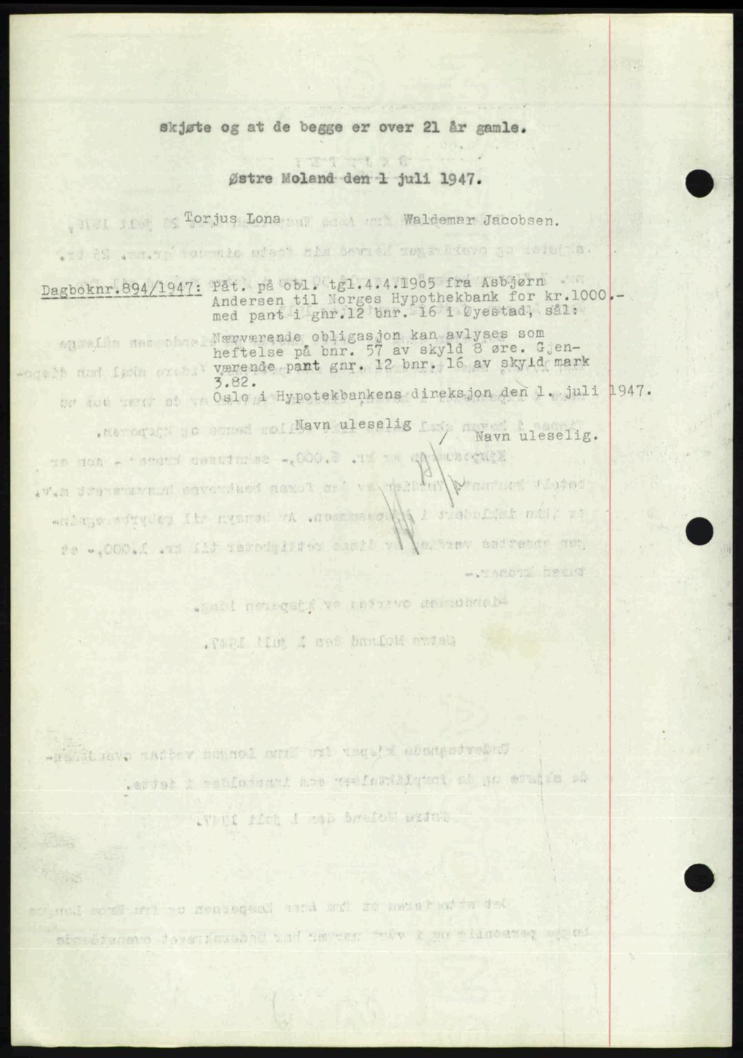 Nedenes sorenskriveri, AV/SAK-1221-0006/G/Gb/Gba/L0057: Mortgage book no. A9, 1947-1947, Diary no: : 893/1947