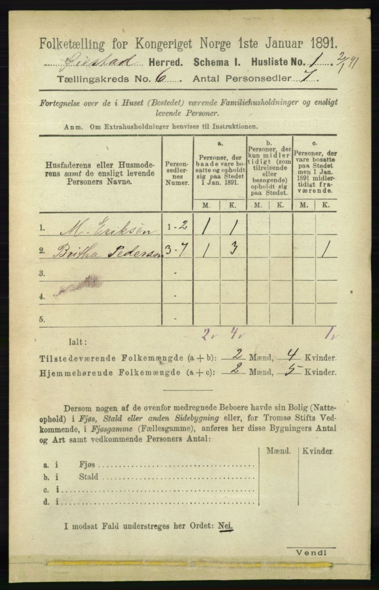 RA, 1891 census for 0920 Øyestad, 1891, p. 2053