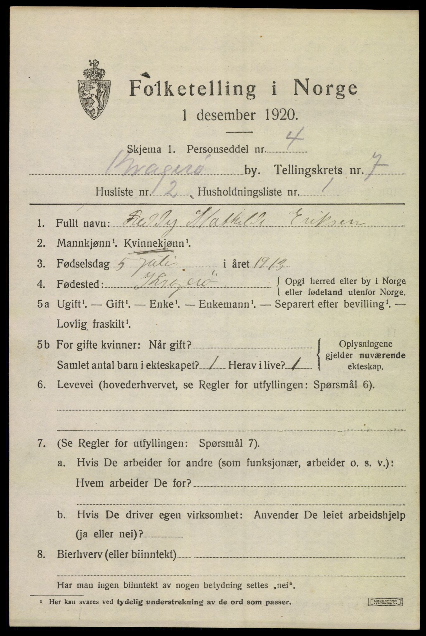 SAKO, 1920 census for Kragerø, 1920, p. 9737