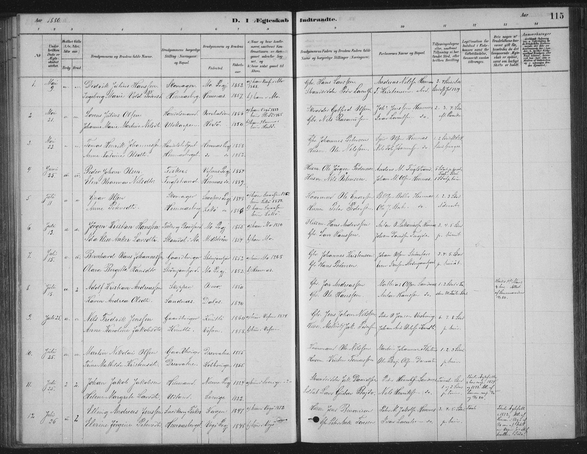 Ministerialprotokoller, klokkerbøker og fødselsregistre - Nordland, AV/SAT-A-1459/825/L0361: Parish register (official) no. 825A15, 1878-1893, p. 115