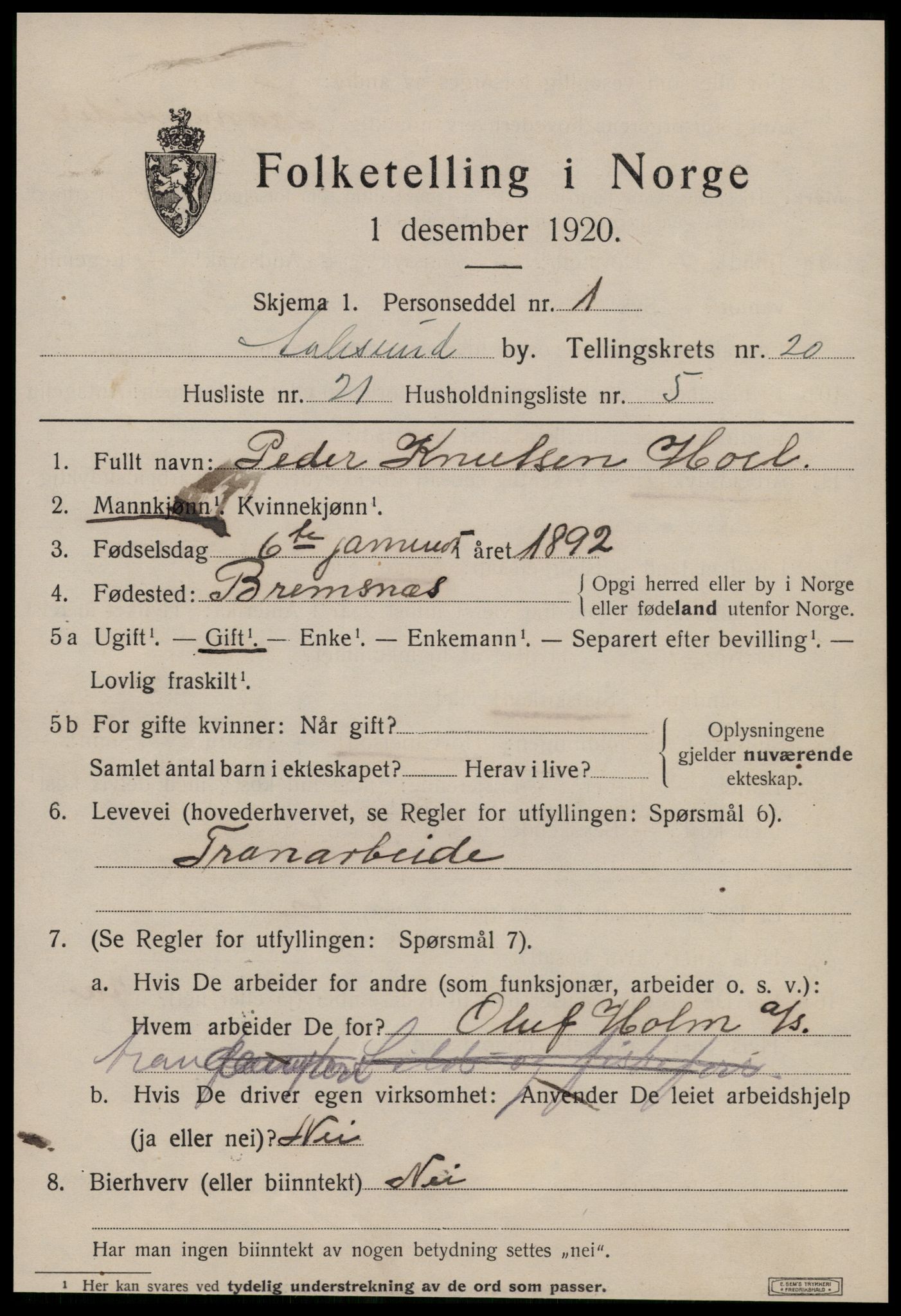 SAT, 1920 census for Ålesund, 1920, p. 38050