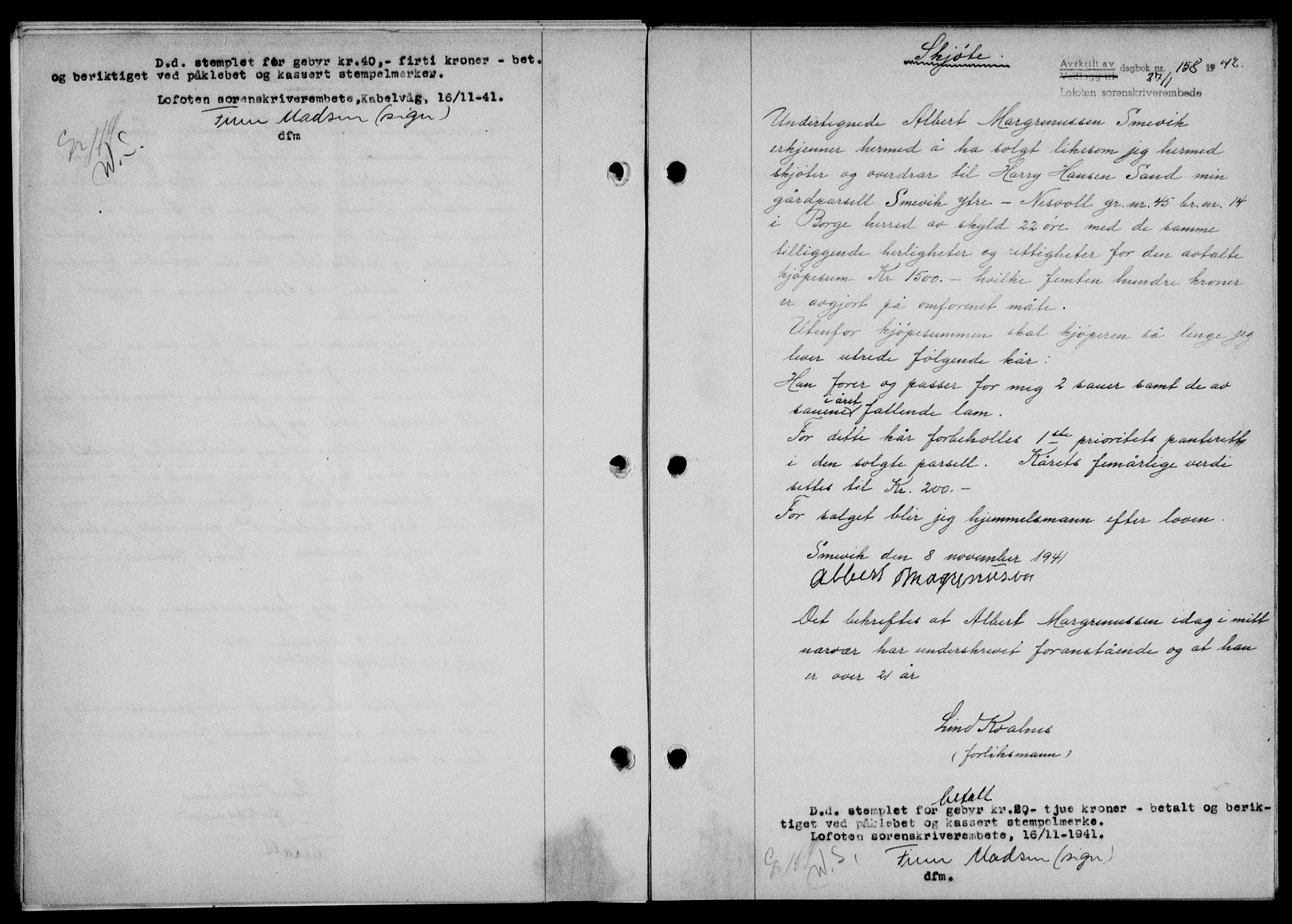 Lofoten sorenskriveri, SAT/A-0017/1/2/2C/L0009a: Mortgage book no. 9a, 1941-1942, Diary no: : 158/1942