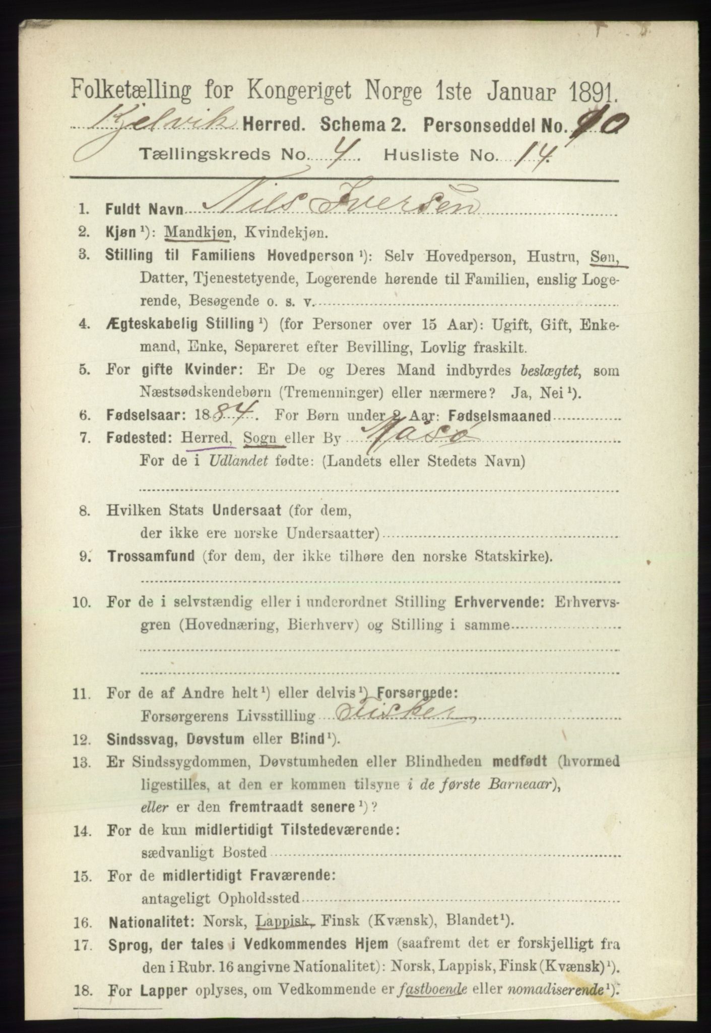 RA, 1891 census for 2019 Kjelvik, 1891, p. 519