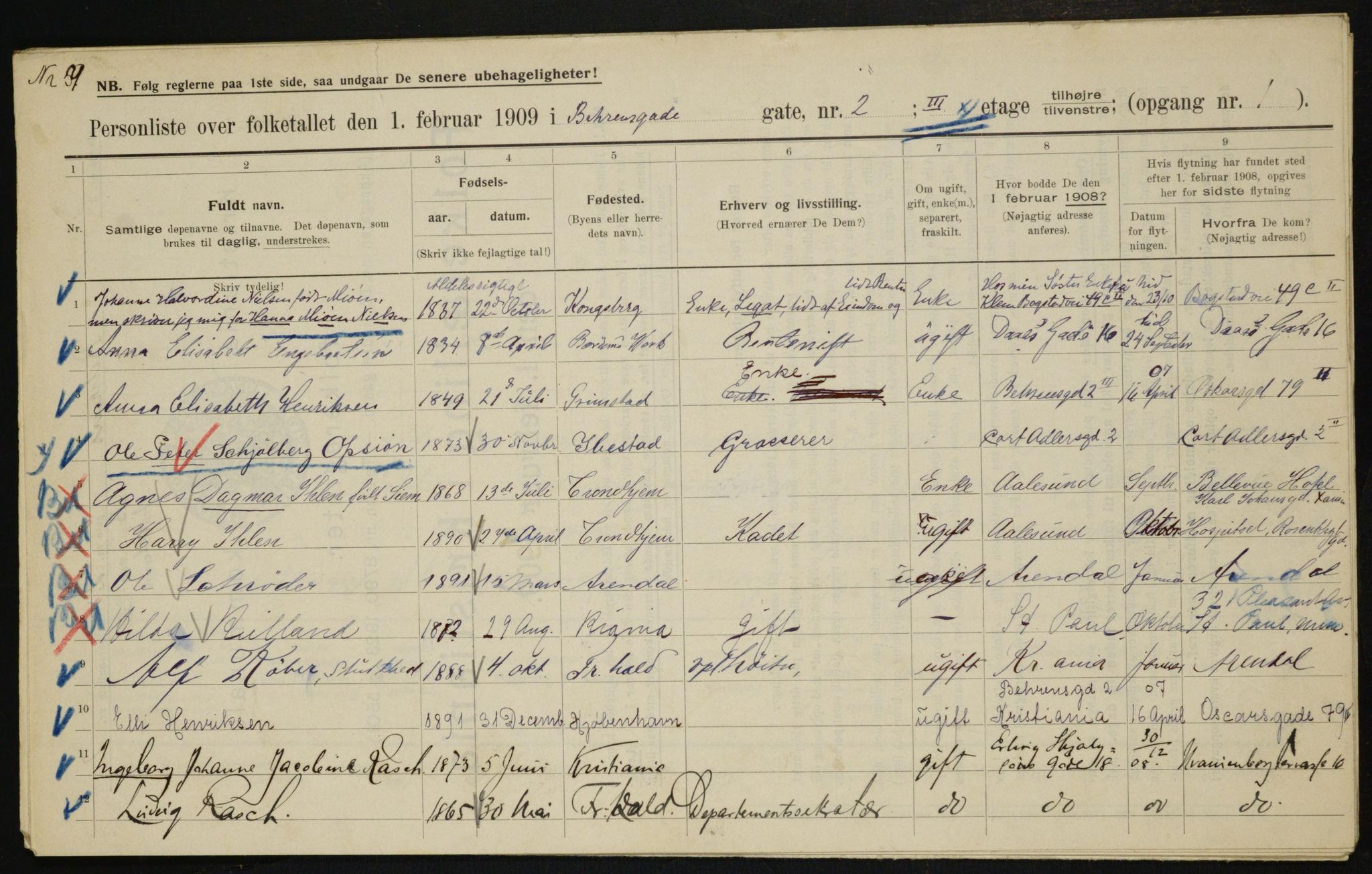 OBA, Municipal Census 1909 for Kristiania, 1909, p. 3124