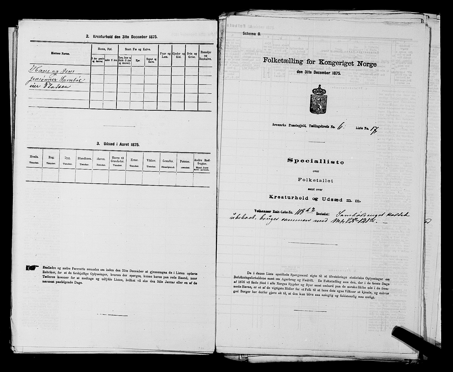 RA, 1875 census for 0118P Aremark, 1875, p. 851