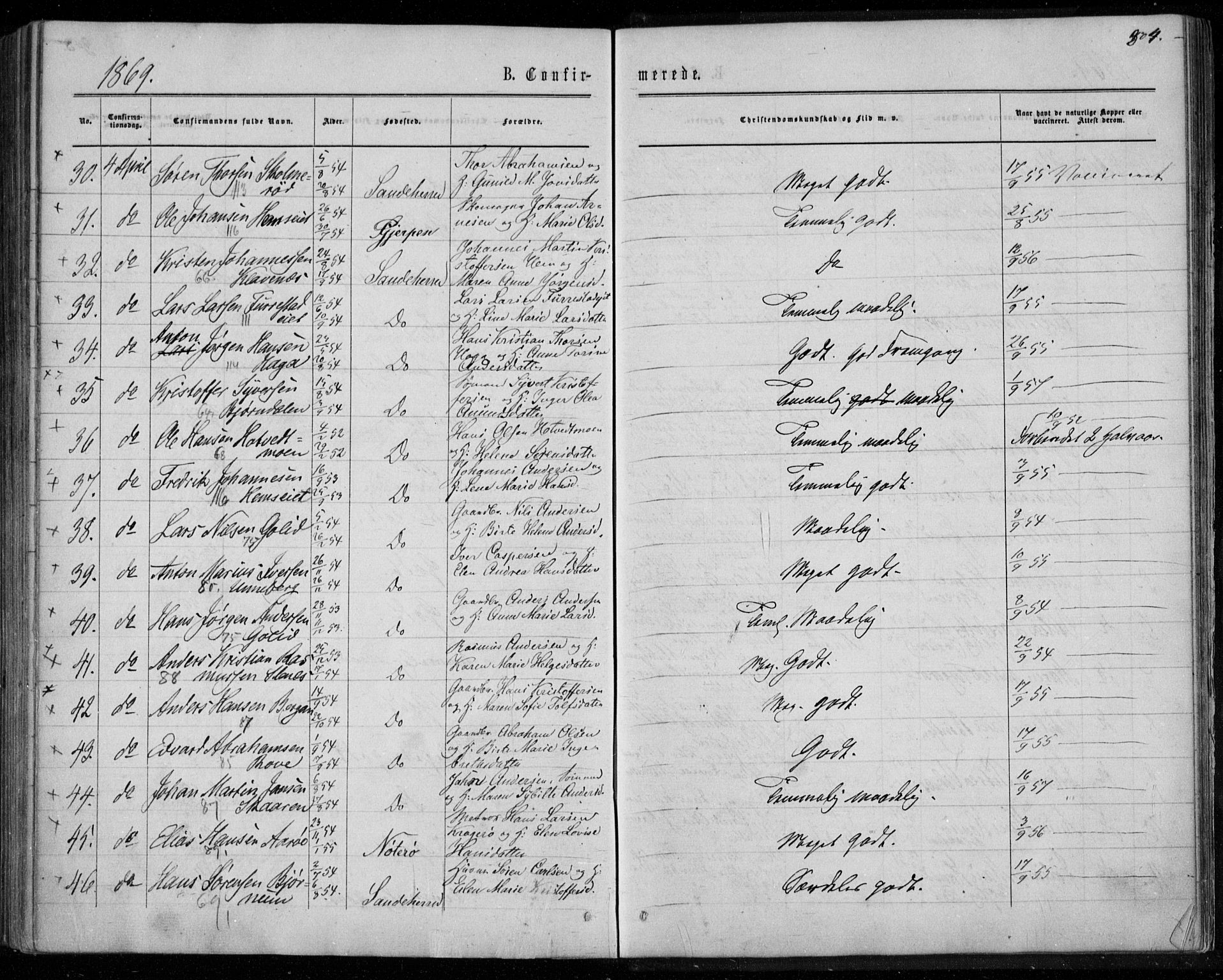 Sandar kirkebøker, SAKO/A-243/F/Fa/L0008: Parish register (official) no. 8, 1862-1871, p. 304