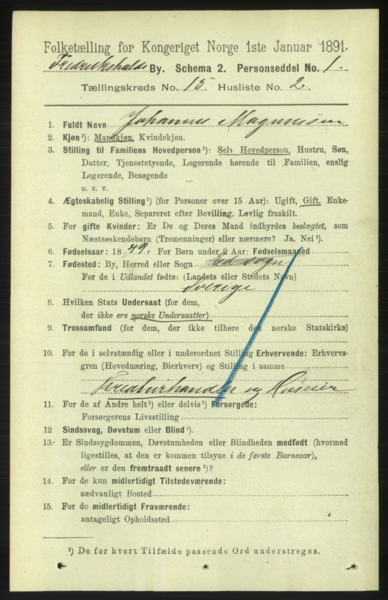 RA, 1891 census for 0101 Fredrikshald, 1891, p. 9464