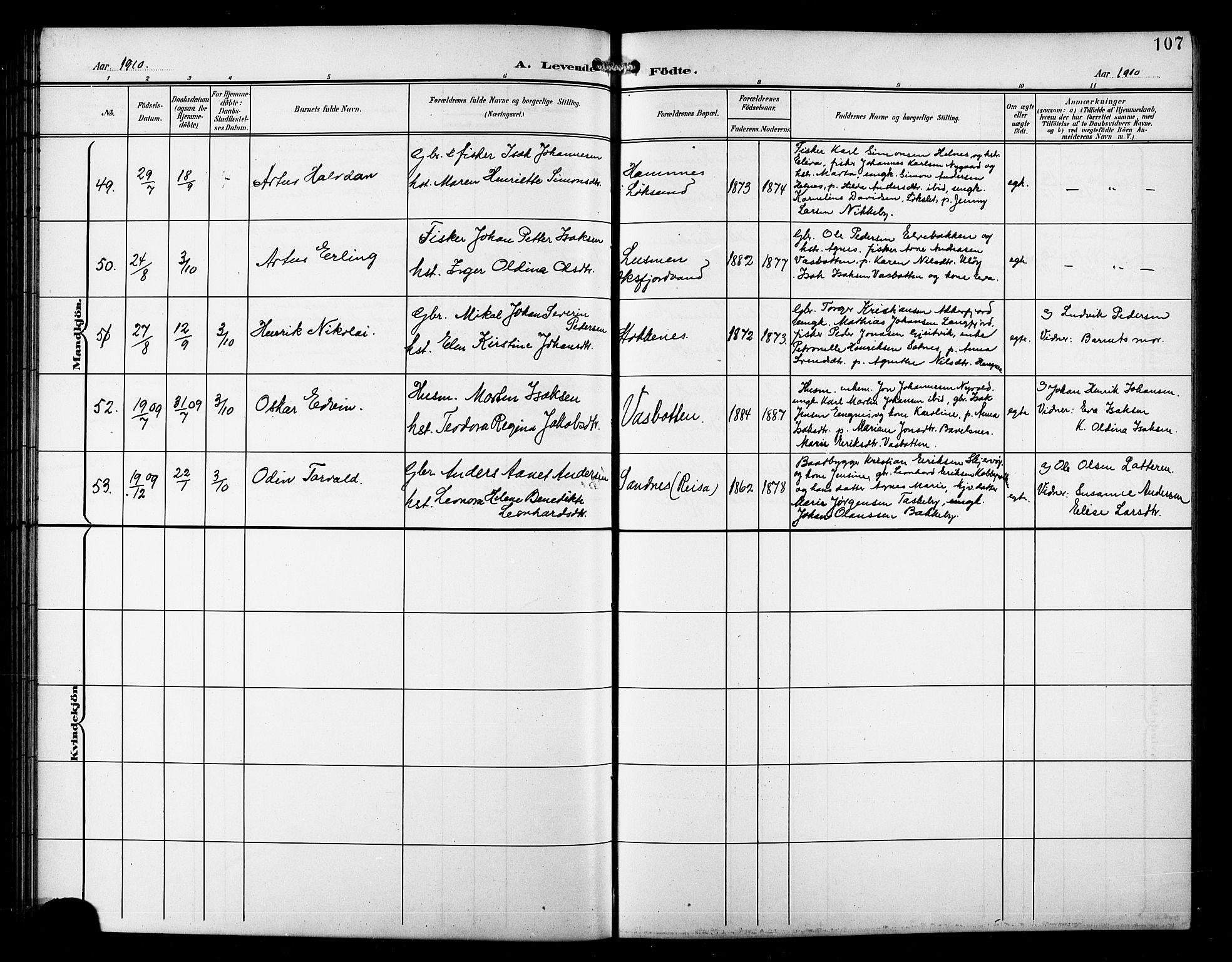 Skjervøy sokneprestkontor, AV/SATØ-S-1300/H/Ha/Hab/L0008klokker: Parish register (copy) no. 8, 1900-1910, p. 107