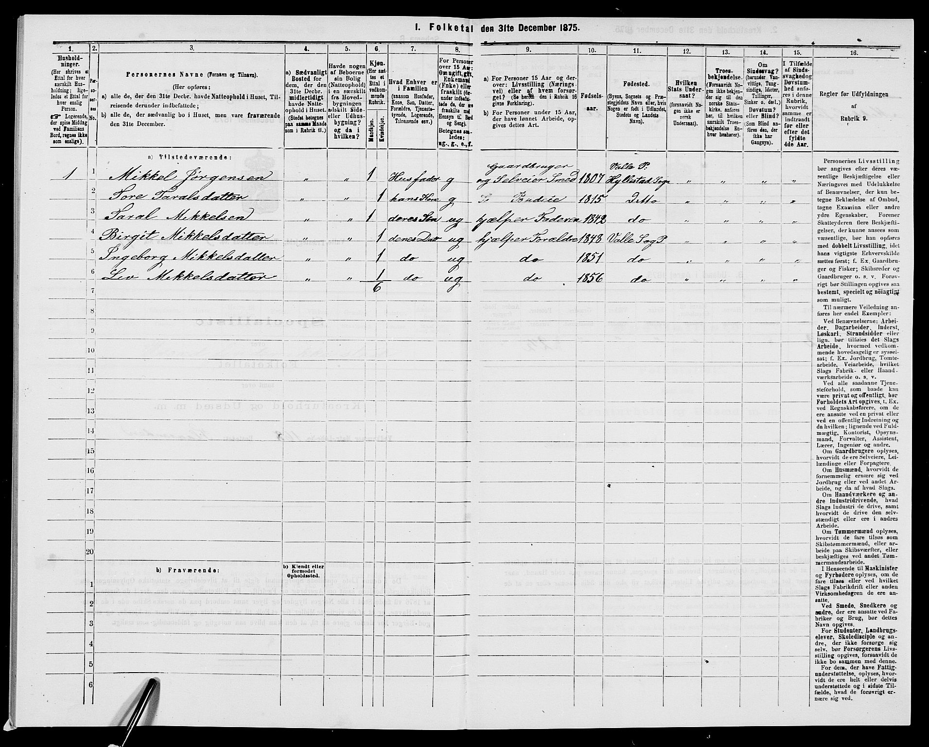 SAK, 1875 census for 0940P Valle, 1875, p. 352