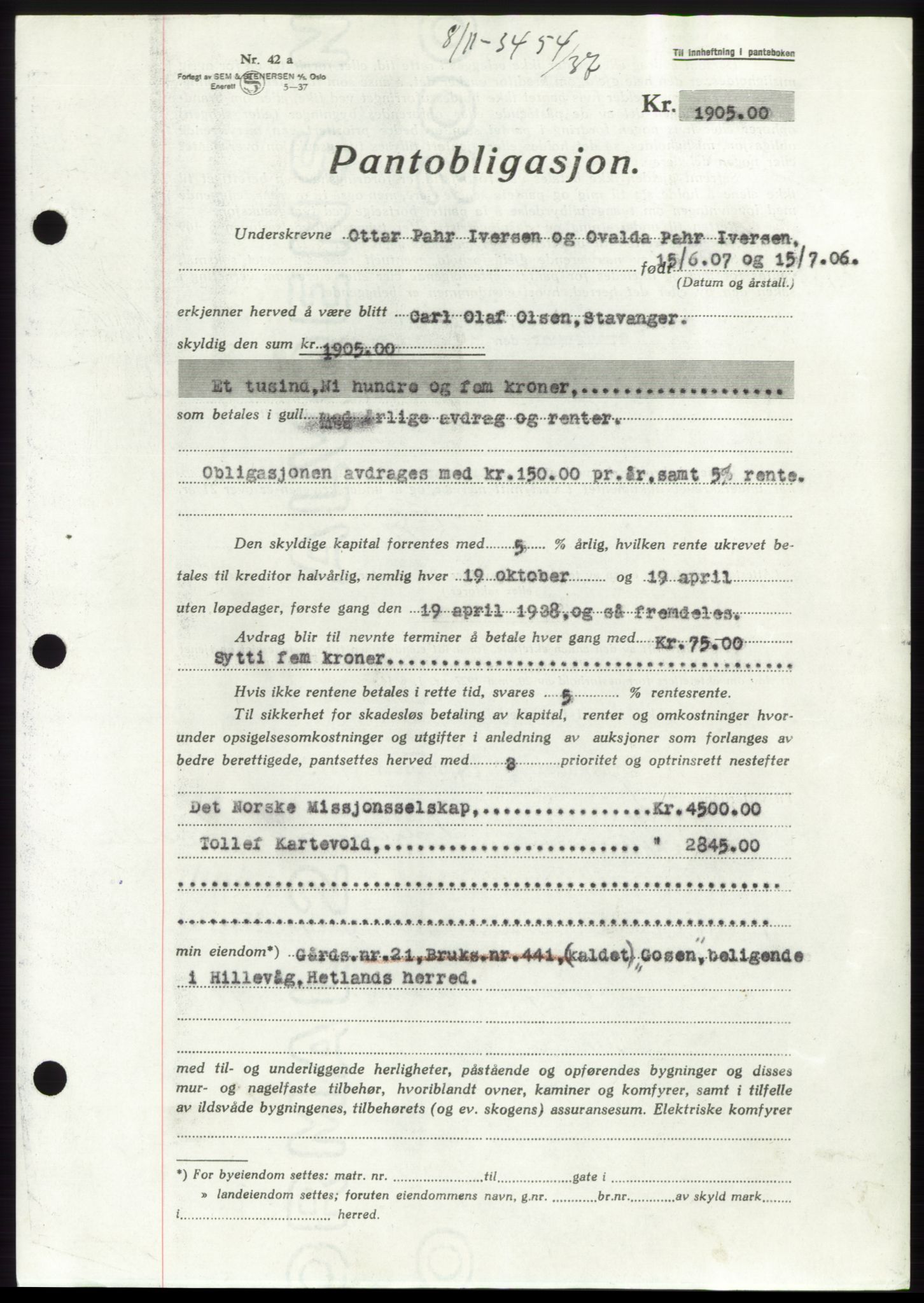 Jæren sorenskriveri, SAST/A-100310/03/G/Gba/L0069: Mortgage book, 1937-1937, Diary no: : 3454/1937
