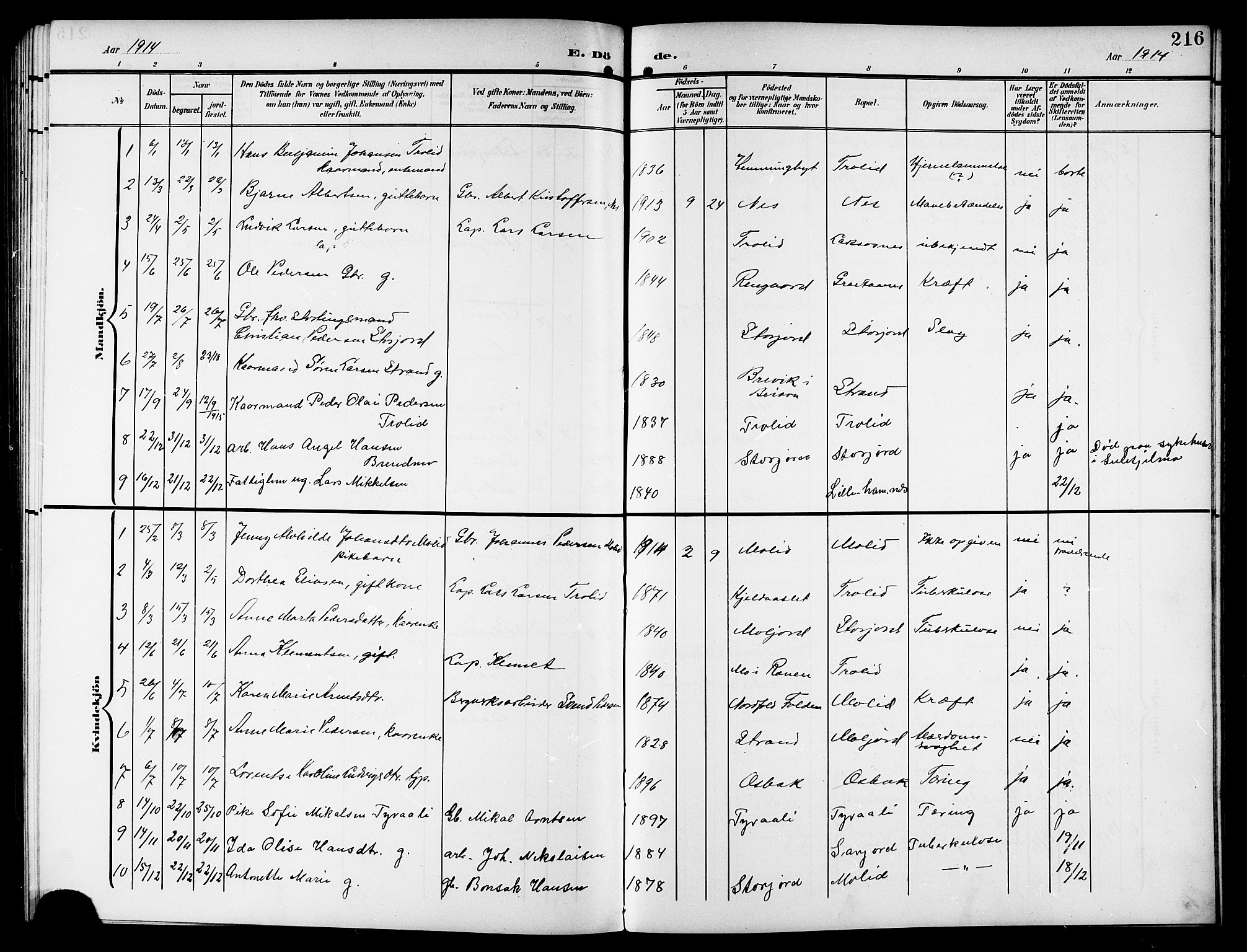 Ministerialprotokoller, klokkerbøker og fødselsregistre - Nordland, SAT/A-1459/846/L0655: Parish register (copy) no. 846C05, 1902-1916, p. 216