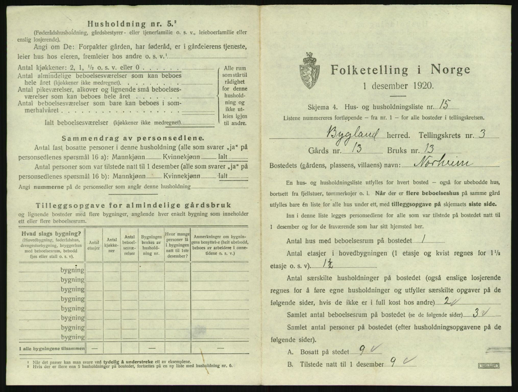 SAK, 1920 census for Bygland, 1920, p. 195