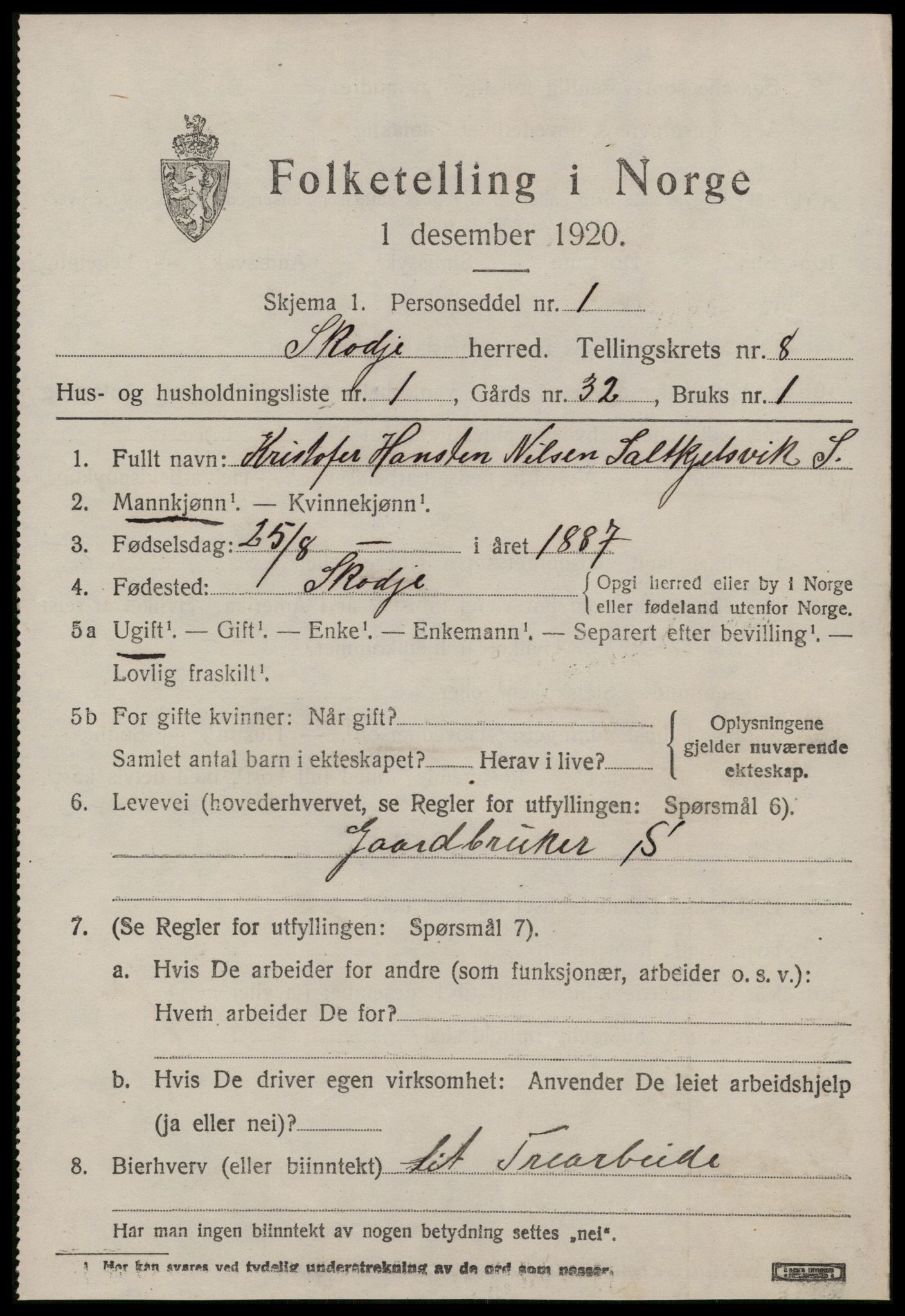 SAT, 1920 census for Skodje, 1920, p. 3467