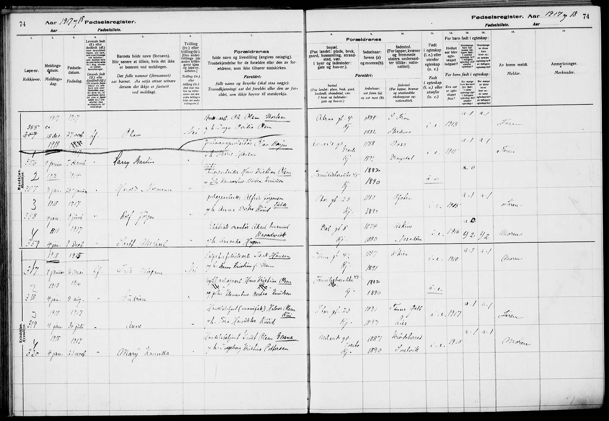 Rjukan kirkebøker, SAKO/A-294/J/Ja/L0001: Birth register no. 1, 1916-1922, p. 74