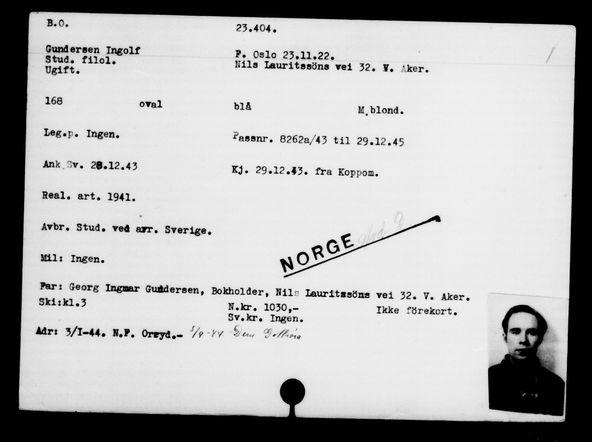 Den Kgl. Norske Legasjons Flyktningskontor, AV/RA-S-6753/V/Va/L0010: Kjesäterkartoteket.  Flyktningenr. 22000-25314, 1940-1945, p. 1499