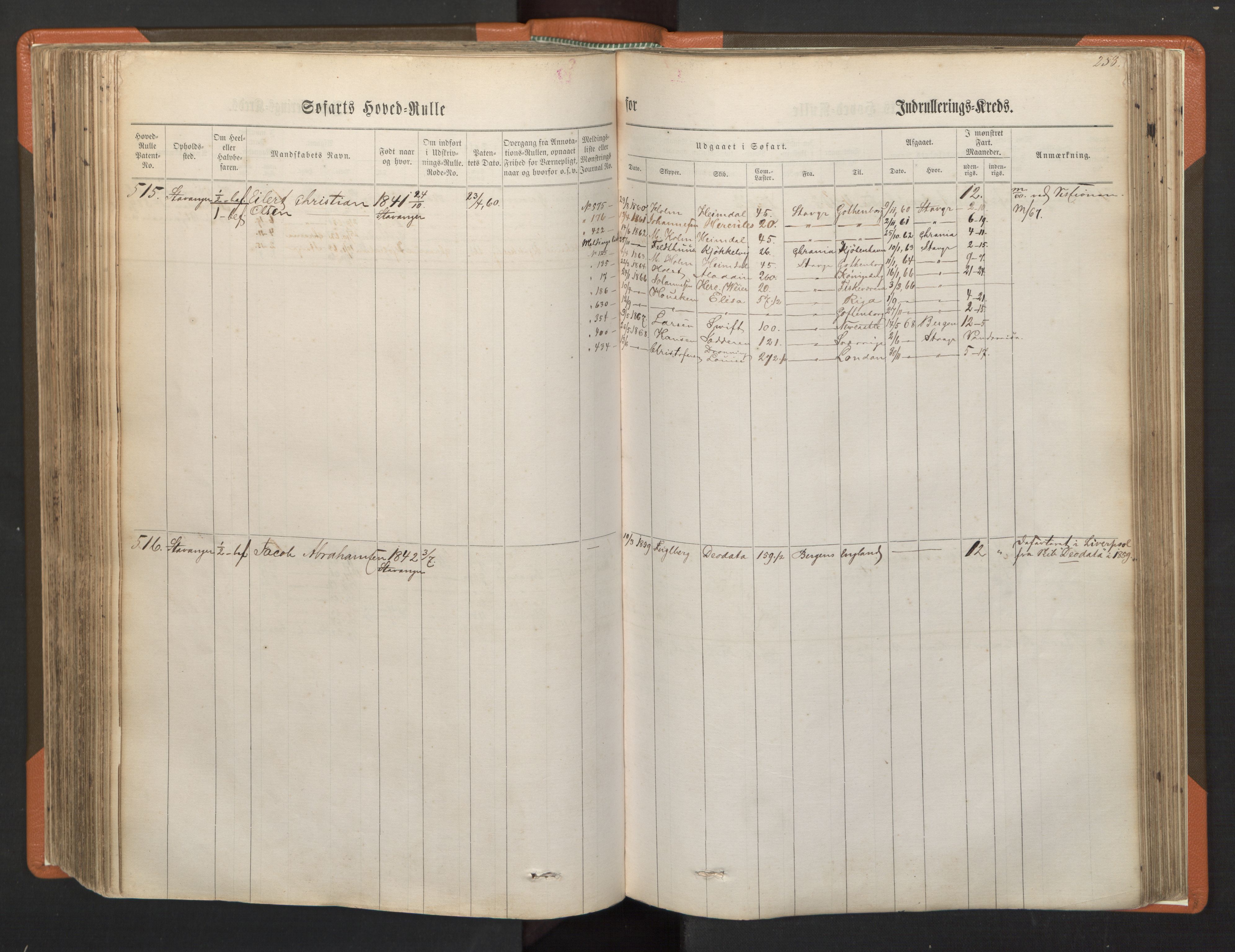 Stavanger sjømannskontor, AV/SAST-A-102006/F/Fb/Fbb/L0001: Sjøfartshovedrulle, patentnr. 1-720 (del 1), 1860-1863, p. 262