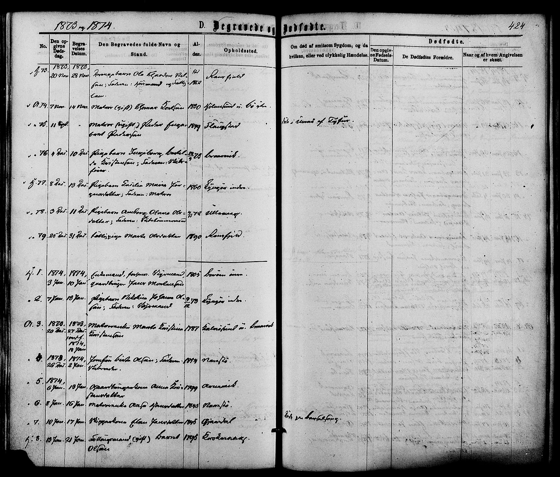 Dypvåg sokneprestkontor, SAK/1111-0007/F/Fa/Faa/L0007: Parish register (official) no. A 7/ 1, 1872-1884, p. 424
