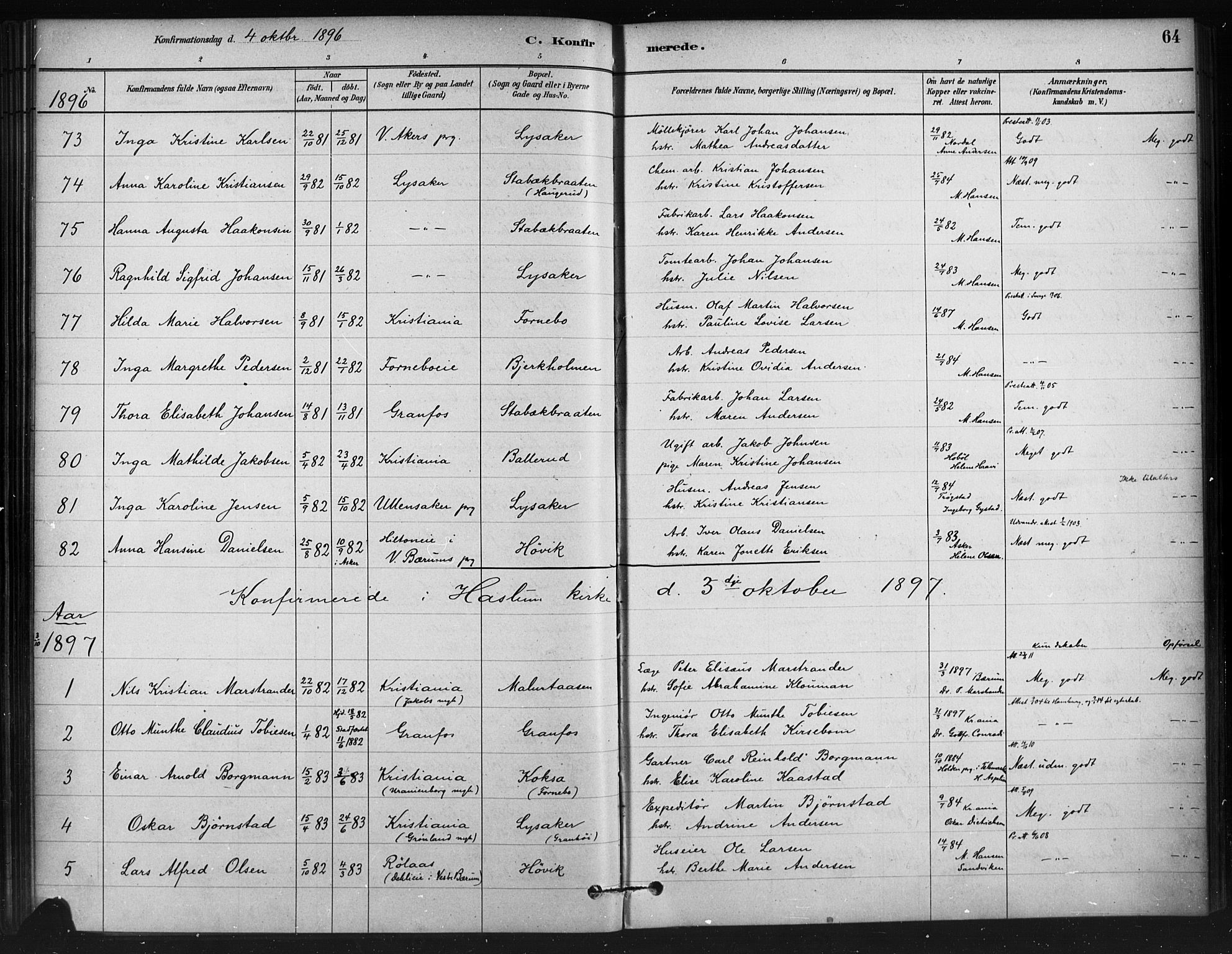 Asker prestekontor Kirkebøker, AV/SAO-A-10256a/F/Fc/L0002: Parish register (official) no. III 2, 1879-1904, p. 64