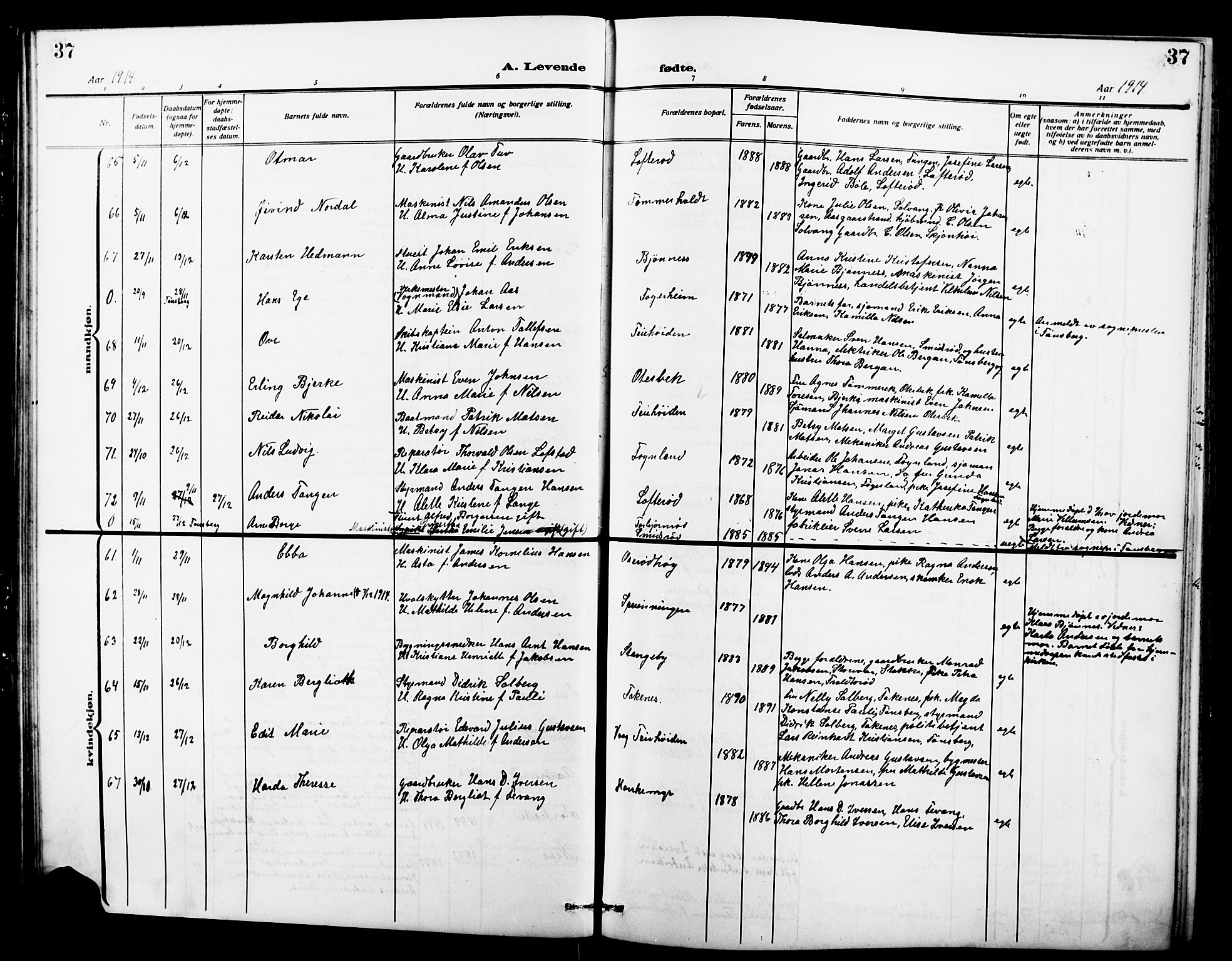 Nøtterøy kirkebøker, AV/SAKO-A-354/G/Ga/L0005: Parish register (copy) no. I 5, 1910-1924, p. 37