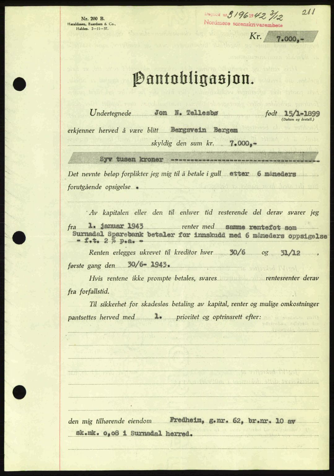 Nordmøre sorenskriveri, AV/SAT-A-4132/1/2/2Ca: Mortgage book no. B90, 1942-1943, Diary no: : 3196/1942