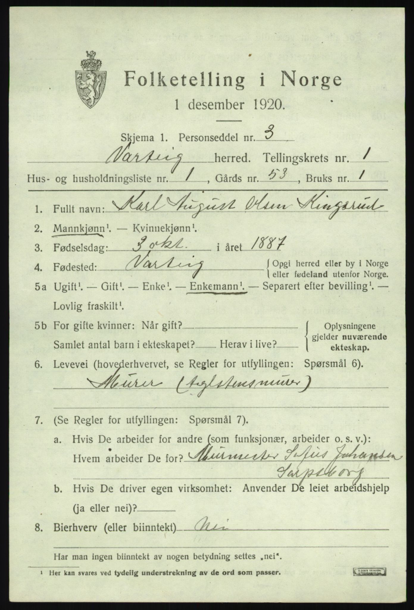 SAO, 1920 census for Varteig, 1920, p. 461