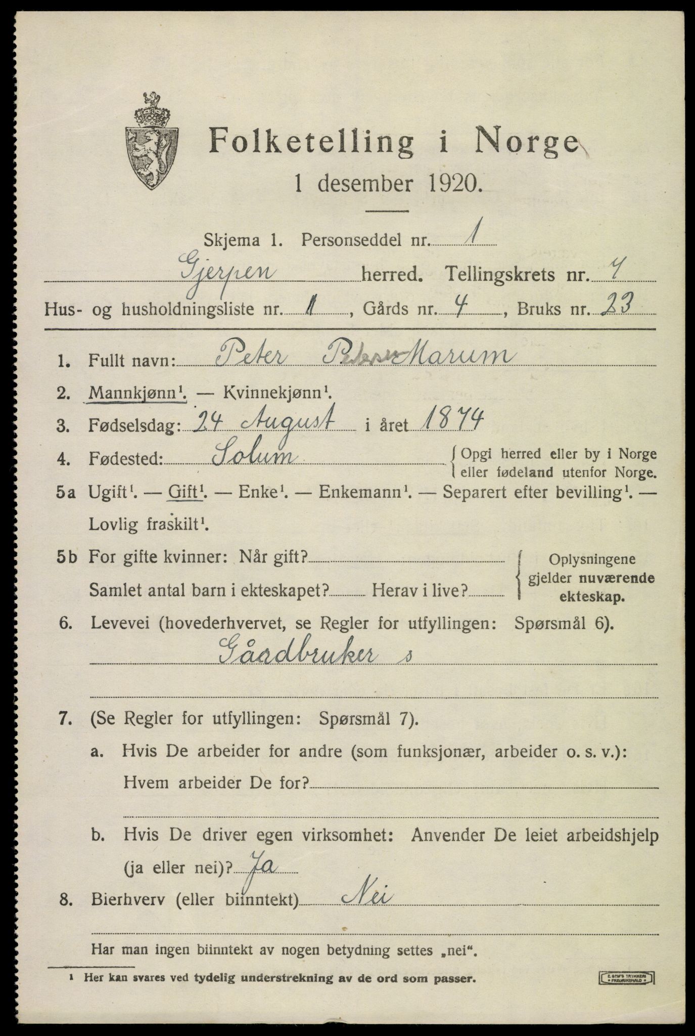 SAKO, 1920 census for Gjerpen, 1920, p. 7904