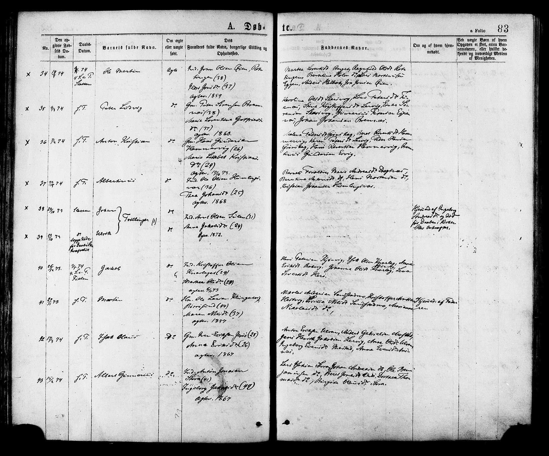 Ministerialprotokoller, klokkerbøker og fødselsregistre - Sør-Trøndelag, AV/SAT-A-1456/634/L0532: Parish register (official) no. 634A08, 1871-1881, p. 83