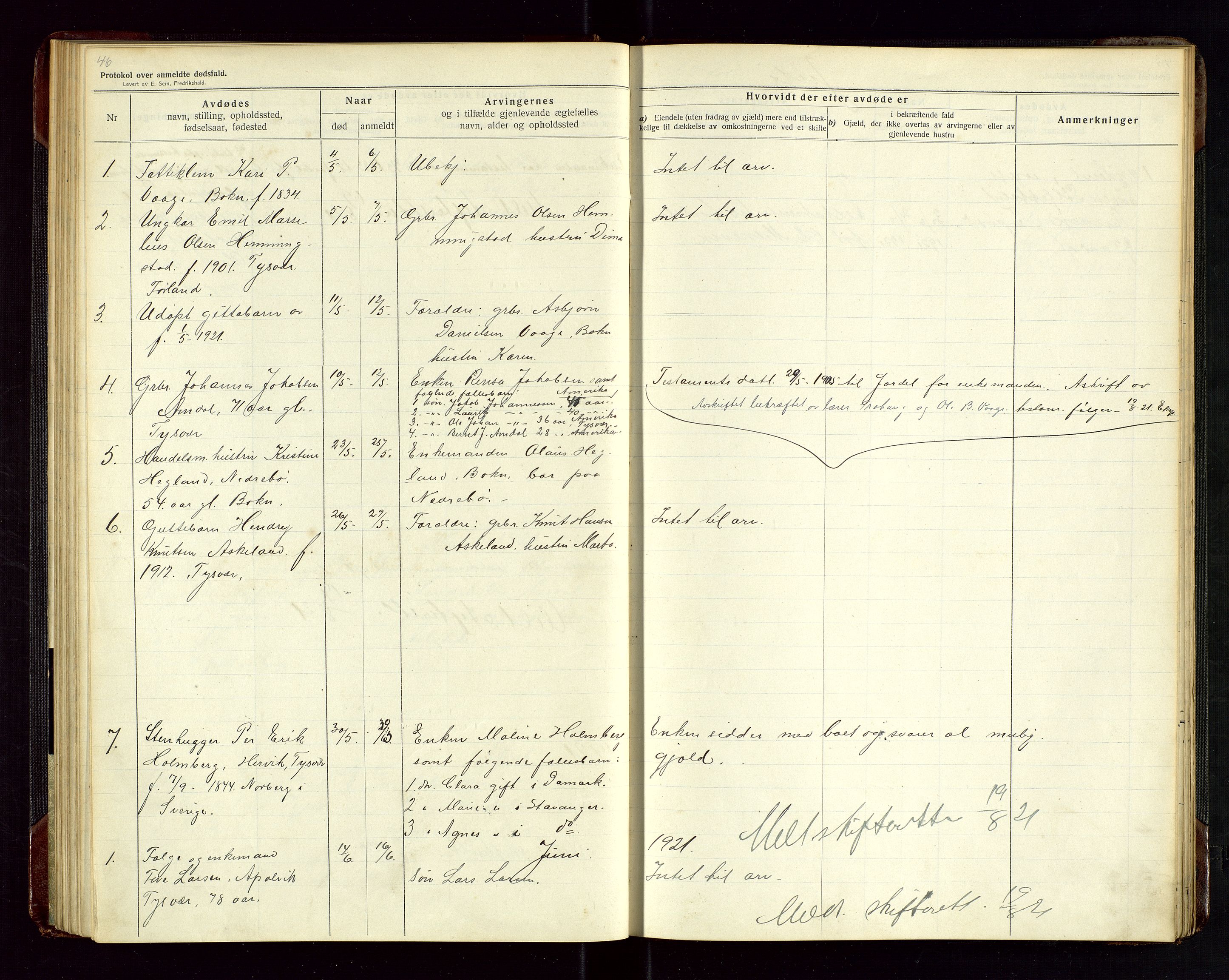 Tysvær lensmannskontor, AV/SAST-A-100192/Gga/L0003: "Protokol over anmeldte dødsfald i Tysvær" med register, 1916-1926, p. 46