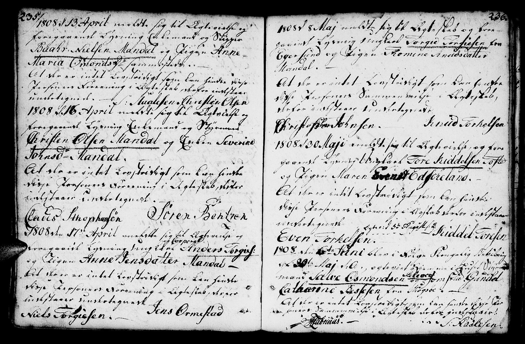 Mandal sokneprestkontor, AV/SAK-1111-0030/F/Fa/Faa/L0007: Parish register (official) no. A 7, 1783-1818, p. 235-236