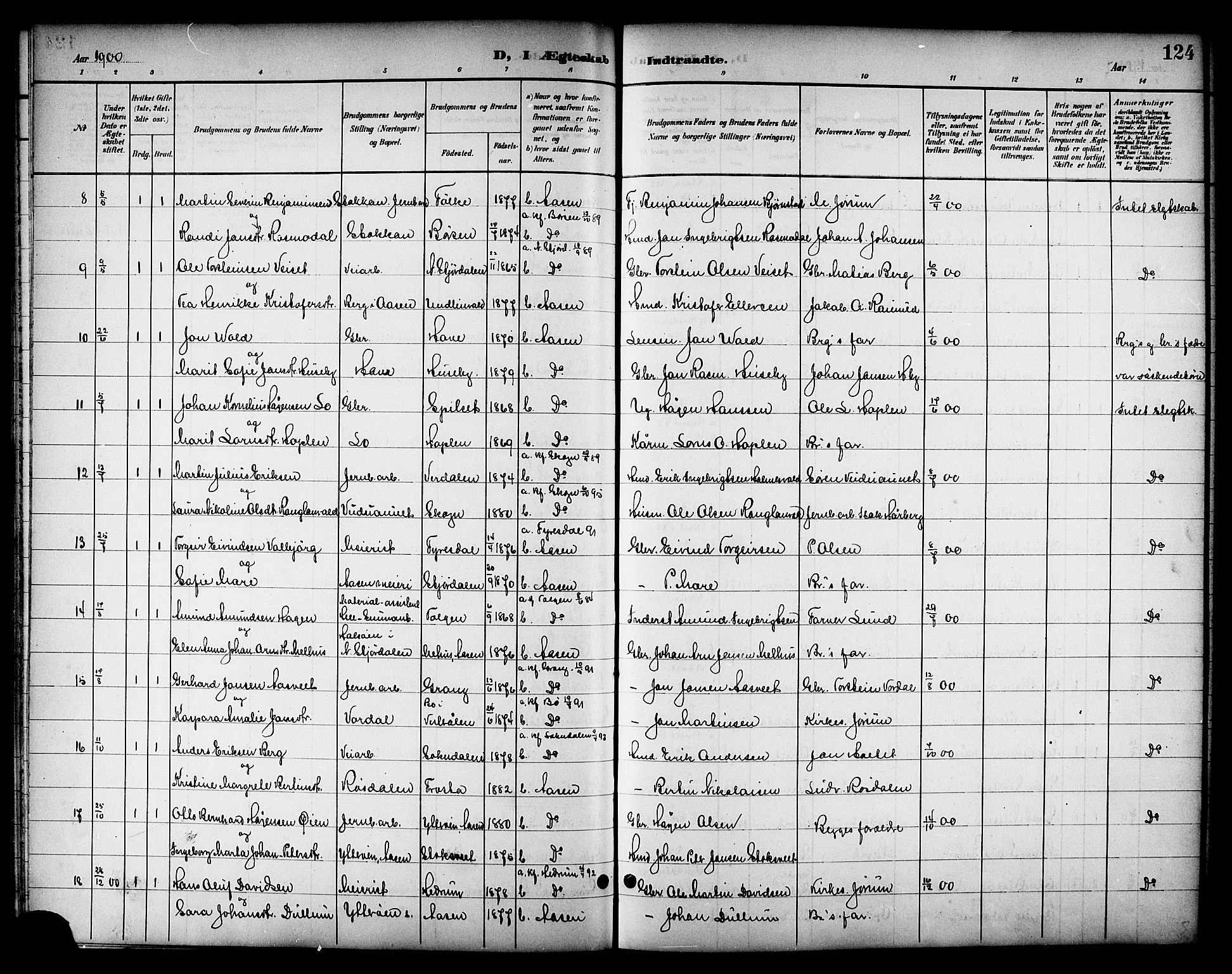 Ministerialprotokoller, klokkerbøker og fødselsregistre - Nord-Trøndelag, AV/SAT-A-1458/714/L0135: Parish register (copy) no. 714C04, 1899-1918, p. 124