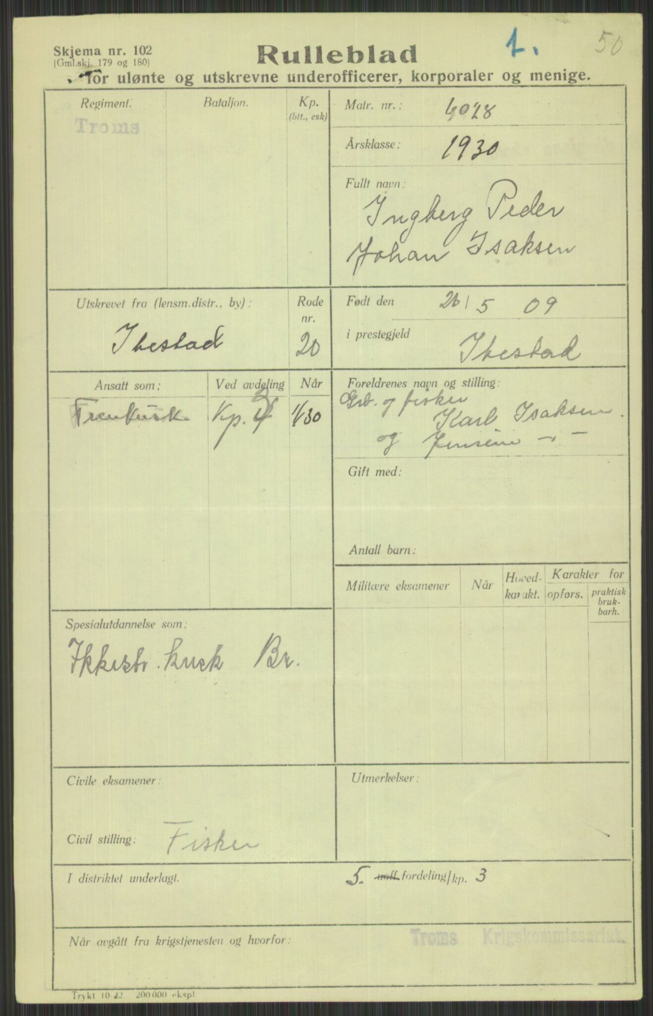 Forsvaret, Troms infanteriregiment nr. 16, AV/RA-RAFA-3146/P/Pa/L0014: Rulleblad for regimentets menige mannskaper, årsklasse 1930, 1930, p. 341