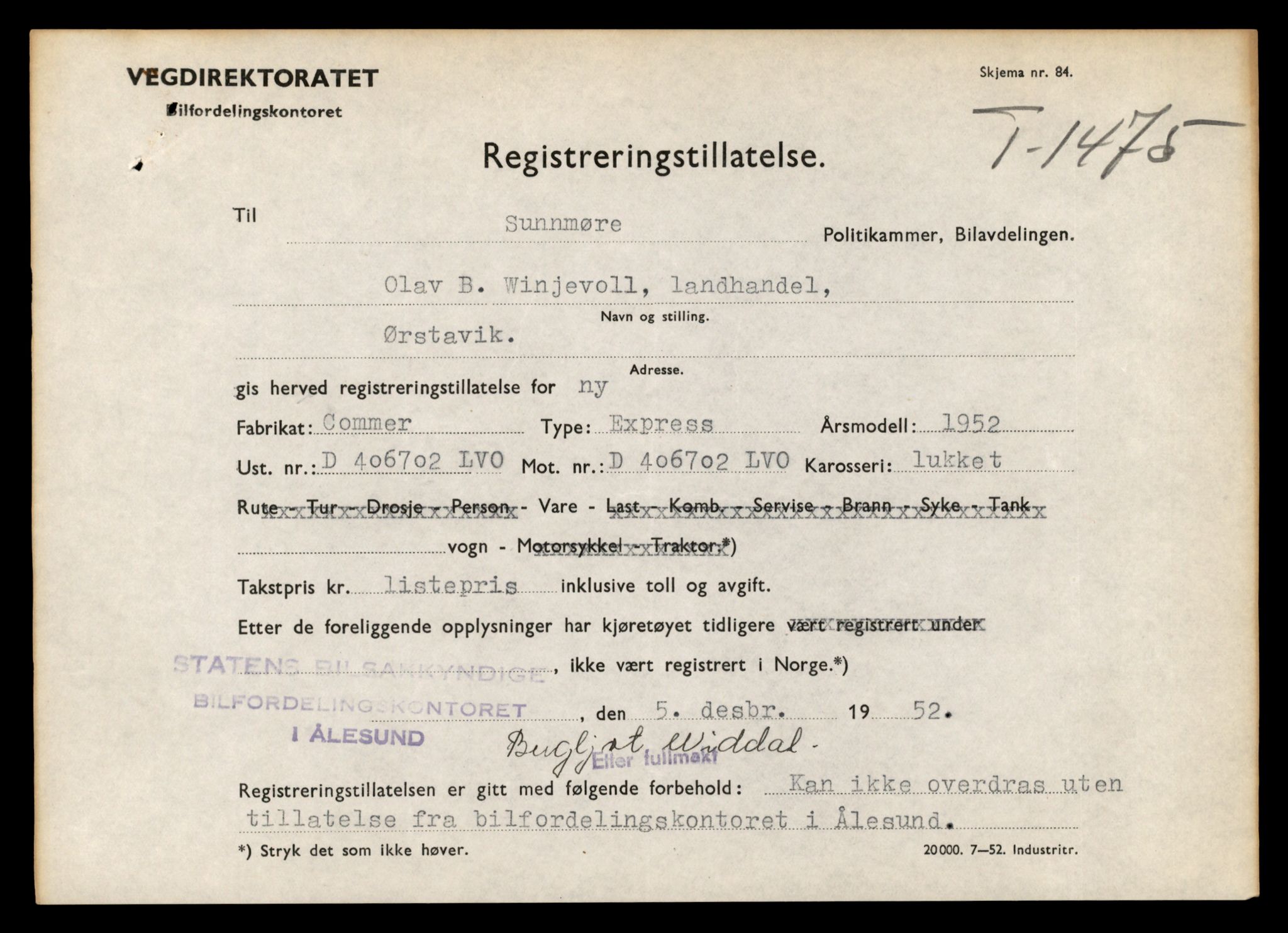 Møre og Romsdal vegkontor - Ålesund trafikkstasjon, SAT/A-4099/F/Fe/L0013: Registreringskort for kjøretøy T 1451 - T 1564, 1927-1998, p. 435