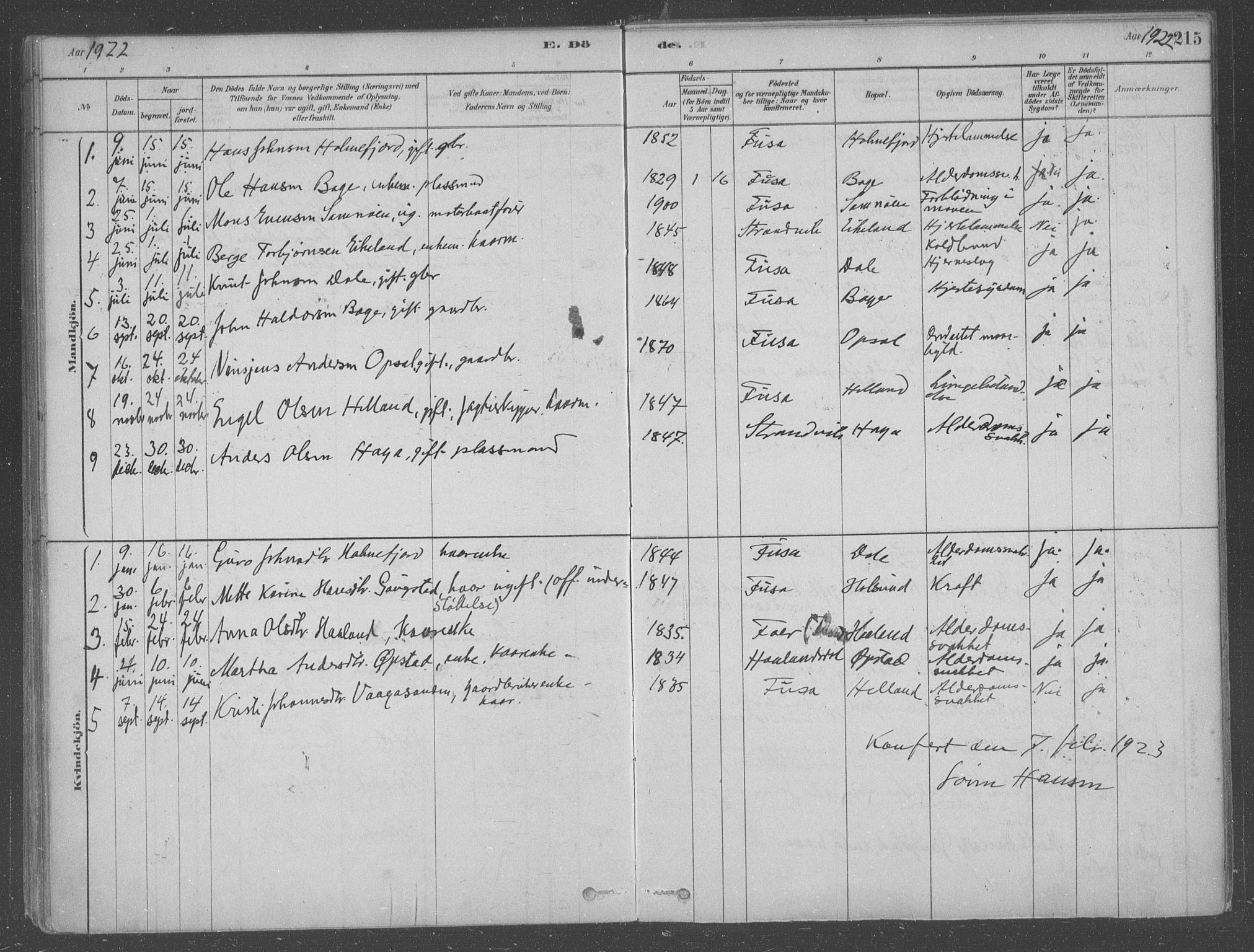 Fusa sokneprestembete, AV/SAB-A-75401/H/Haa: Parish register (official) no. B 1, 1880-1938, p. 215