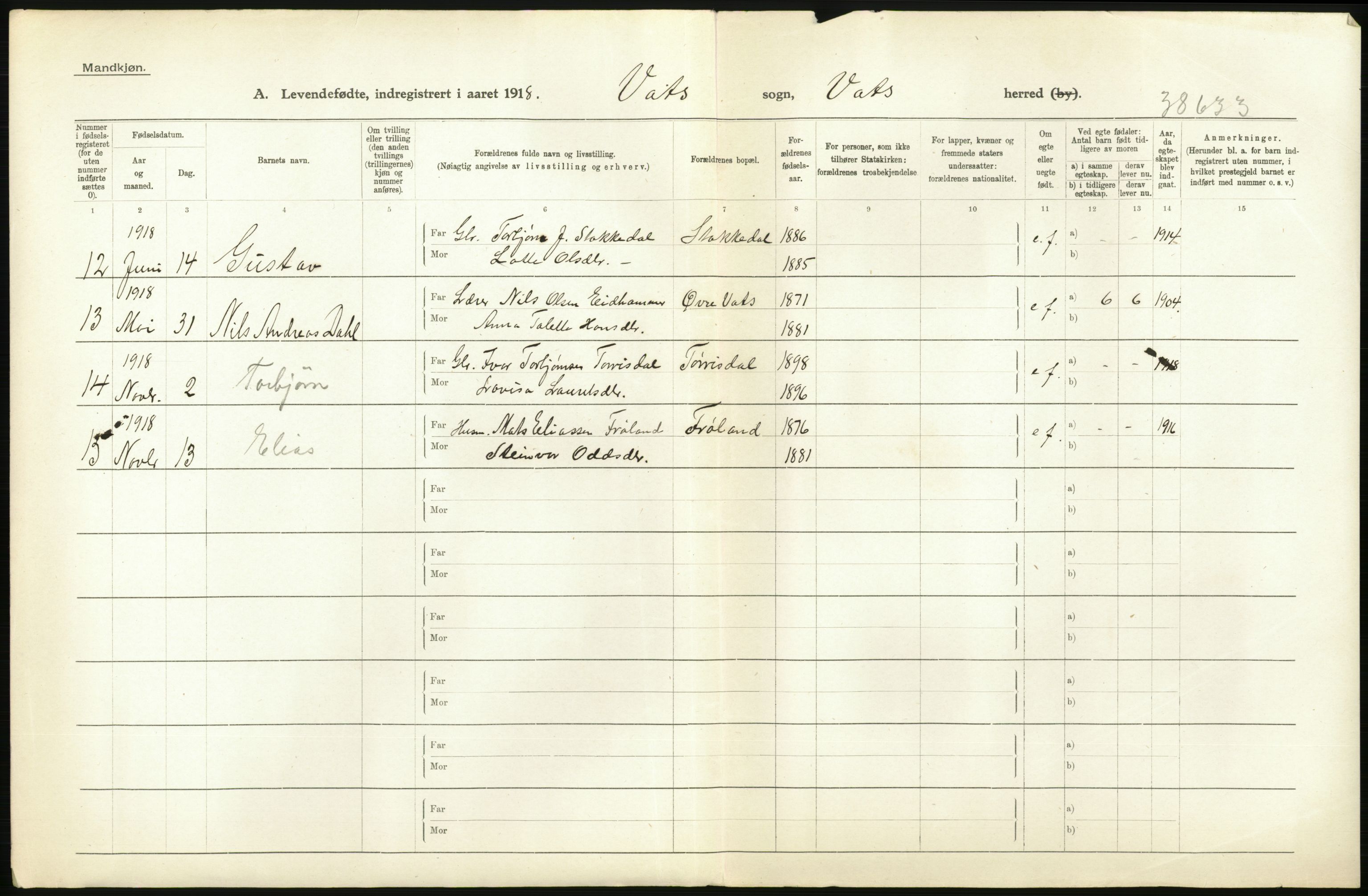 Statistisk sentralbyrå, Sosiodemografiske emner, Befolkning, RA/S-2228/D/Df/Dfb/Dfbh/L0031: Rogaland fylke: Levendefødte menn og kvinner. Bygder., 1918