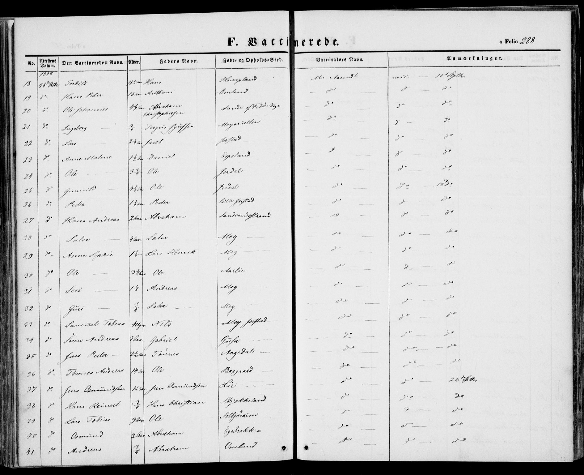 Kvinesdal sokneprestkontor, AV/SAK-1111-0026/F/Fa/Fab/L0005: Parish register (official) no. A 5, 1844-1857, p. 288